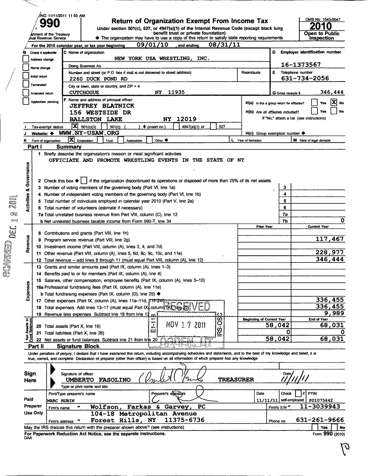 Image of first page of 2010 Form 990 for New York USA Wrestling