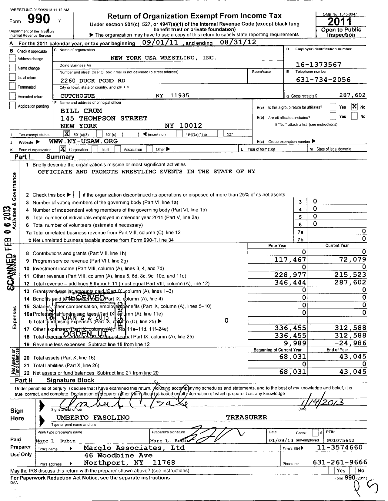 Image of first page of 2011 Form 990 for New York USA Wrestling