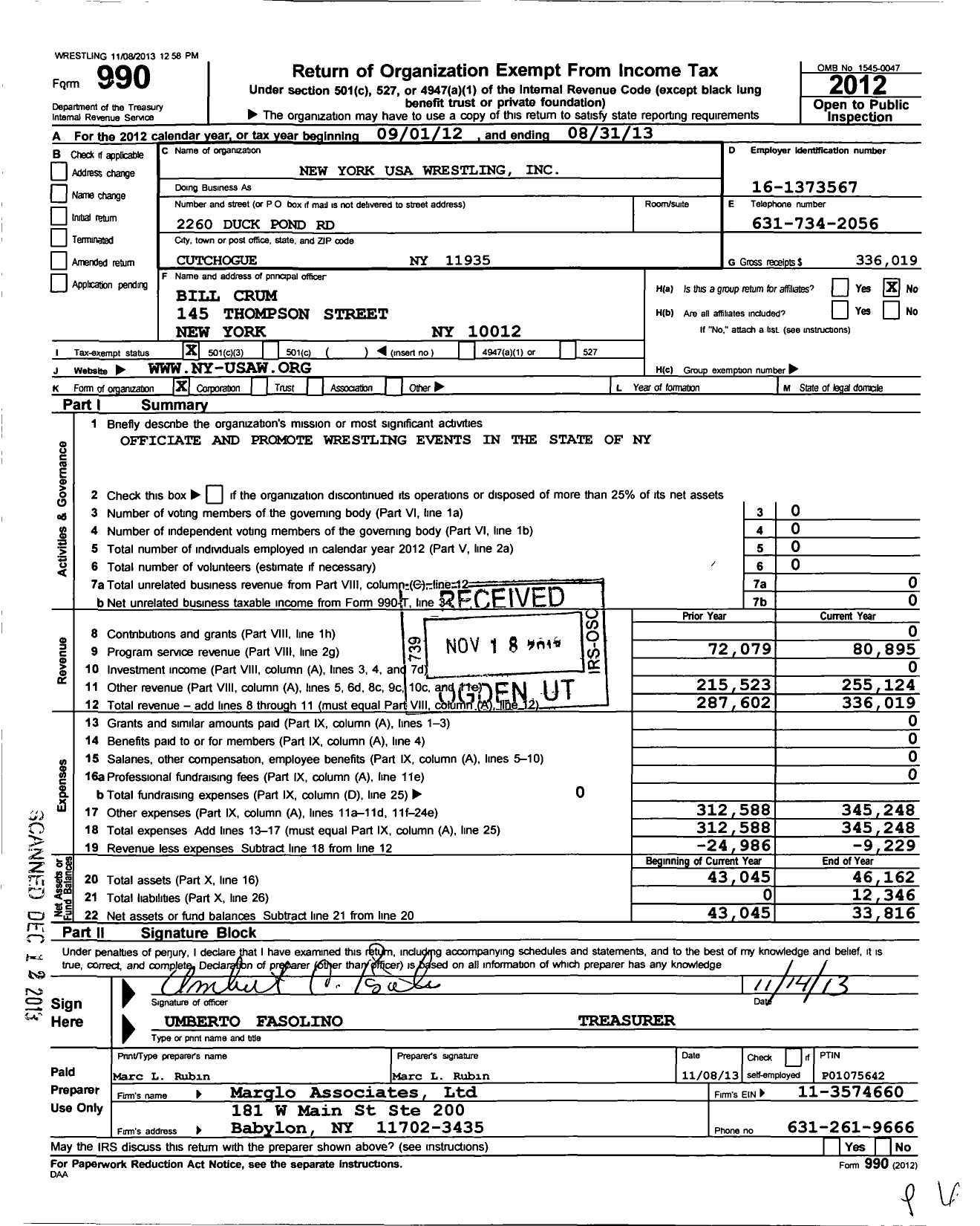 Image of first page of 2012 Form 990 for New York USA Wrestling