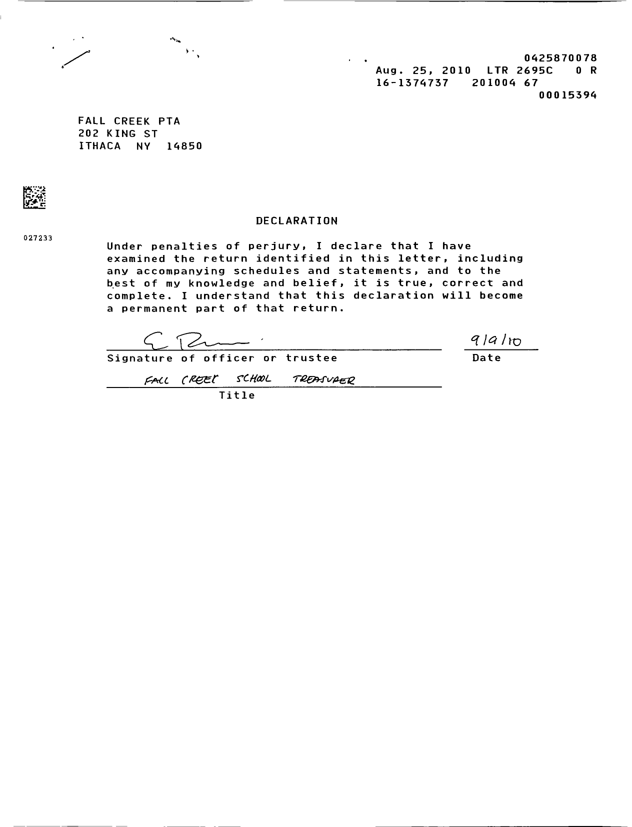Image of first page of 2009 Form 990ER for New York State PTA - 14-099 Fall Creek Elem School PTA