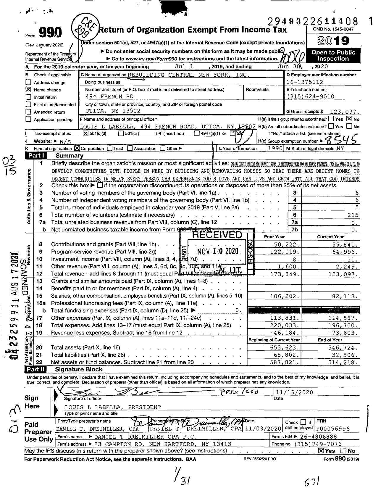 Image of first page of 2019 Form 990 for Rebuilding Central New York