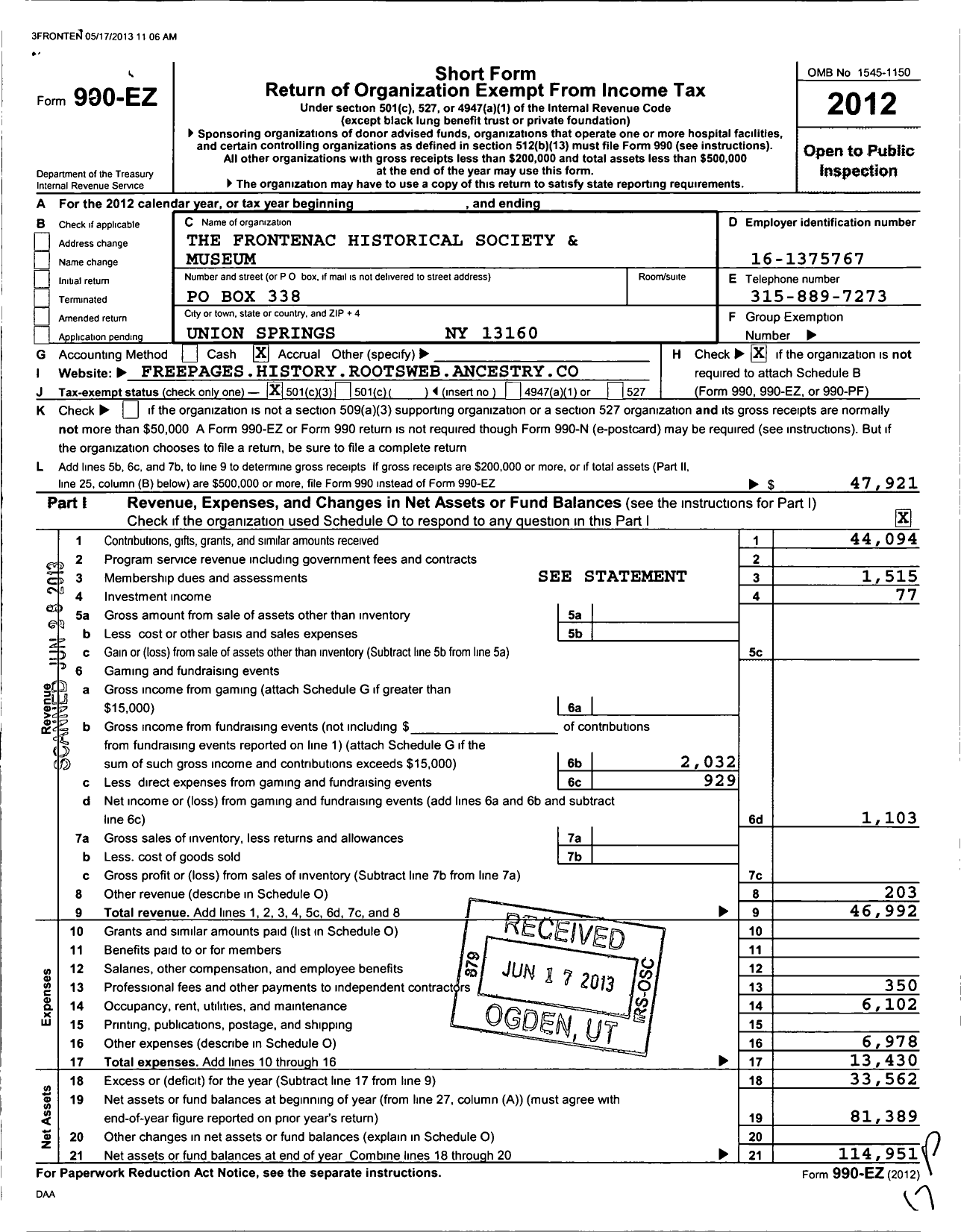 Image of first page of 2012 Form 990EZ for The Frontenac Historical Society and Museum