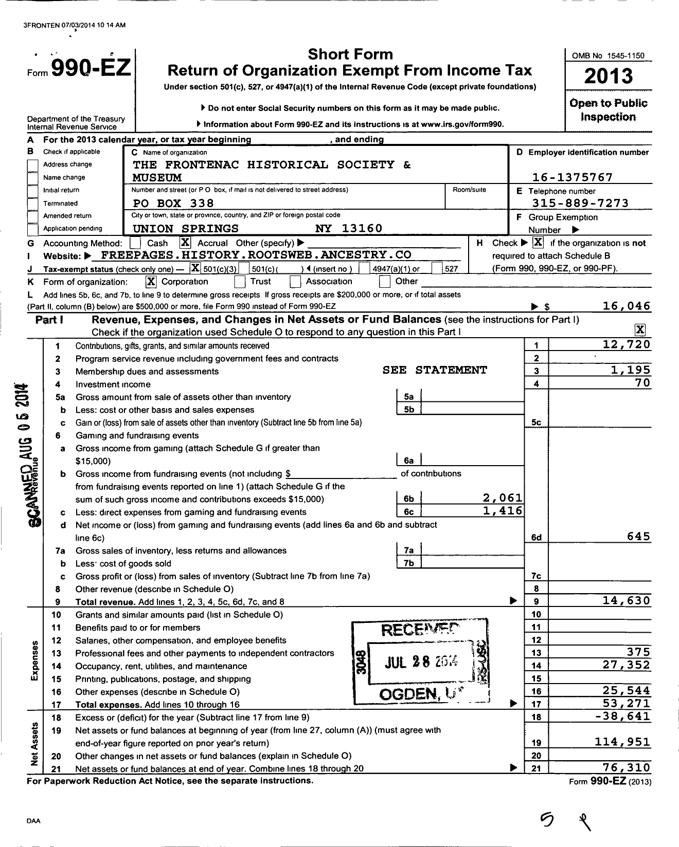 Image of first page of 2013 Form 990EZ for The Frontenac Historical Society and Museum