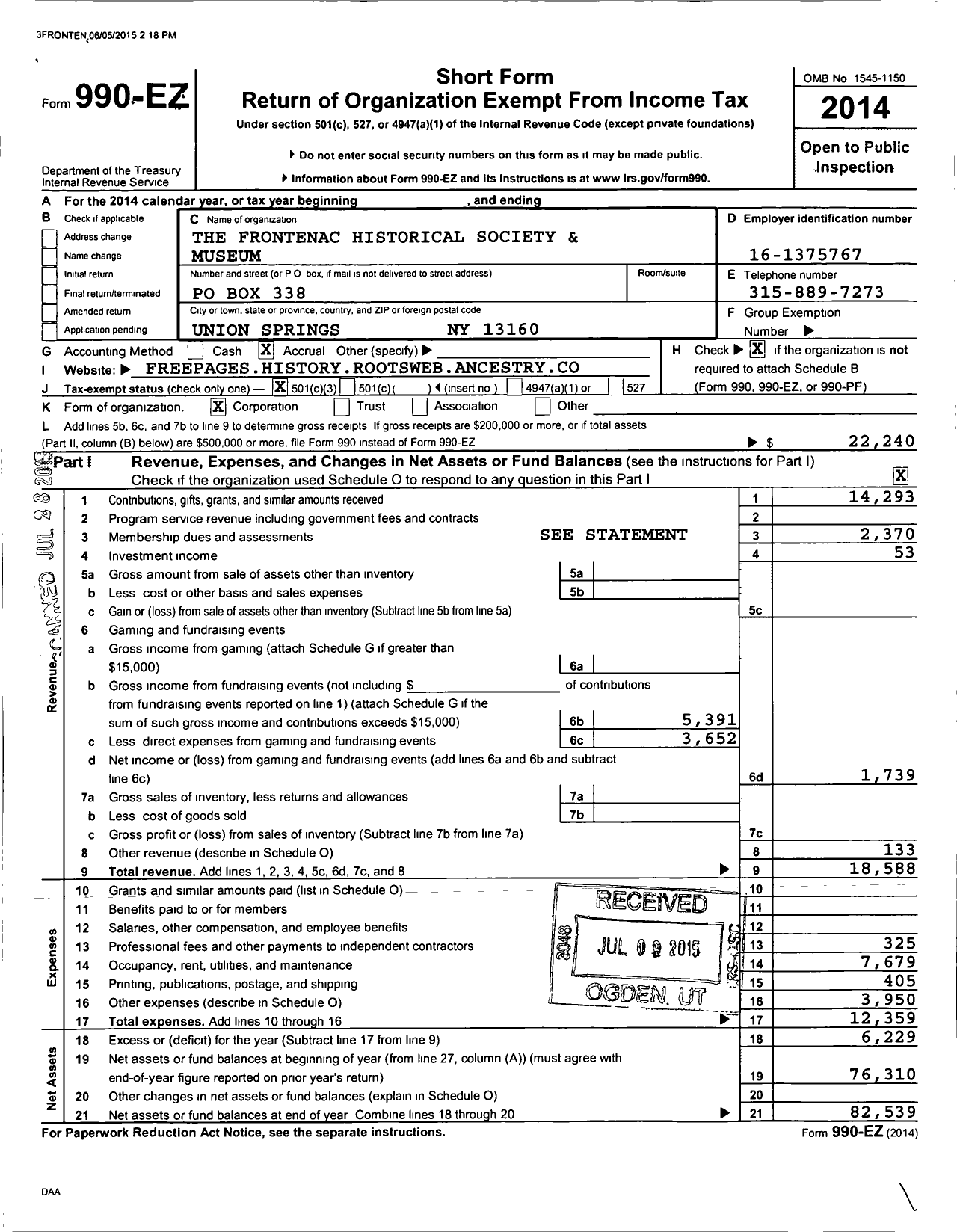 Image of first page of 2014 Form 990EZ for The Frontenac Historical Society and Museum