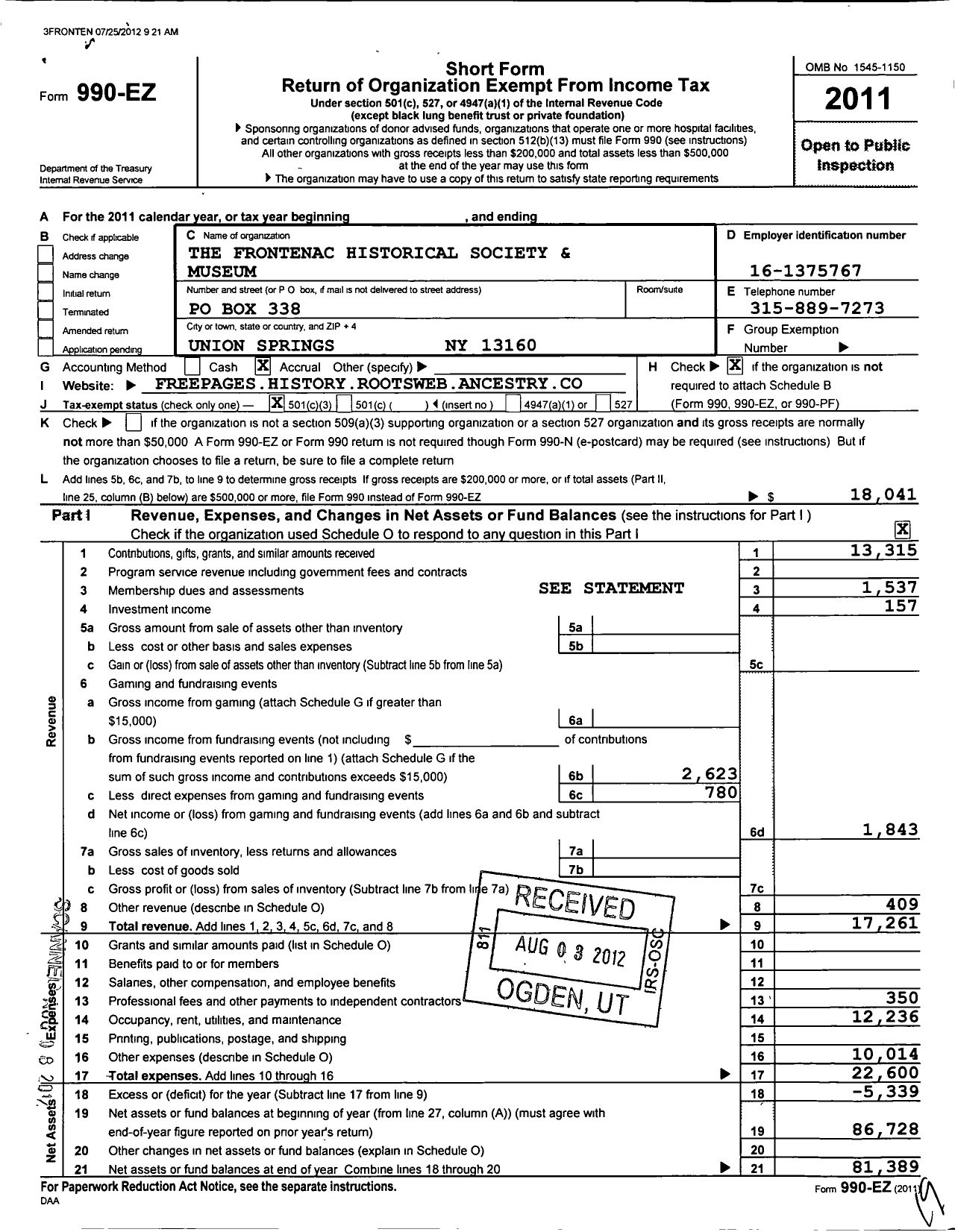 Image of first page of 2011 Form 990EZ for The Frontenac Historical Society and Museum