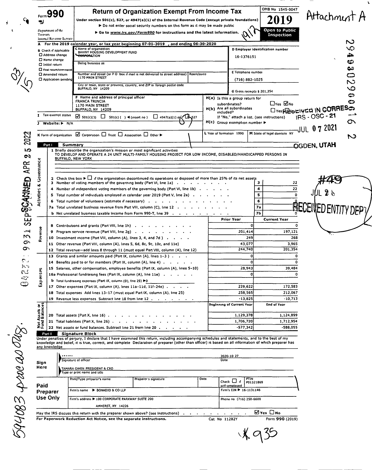 Image of first page of 2019 Form 990 for Bawny Housing Development Fund Corporation