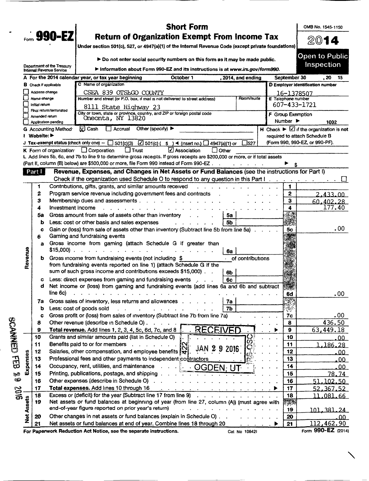 Image of first page of 2014 Form 990EO for Civil Service Employees Association - 0839 Otsego County