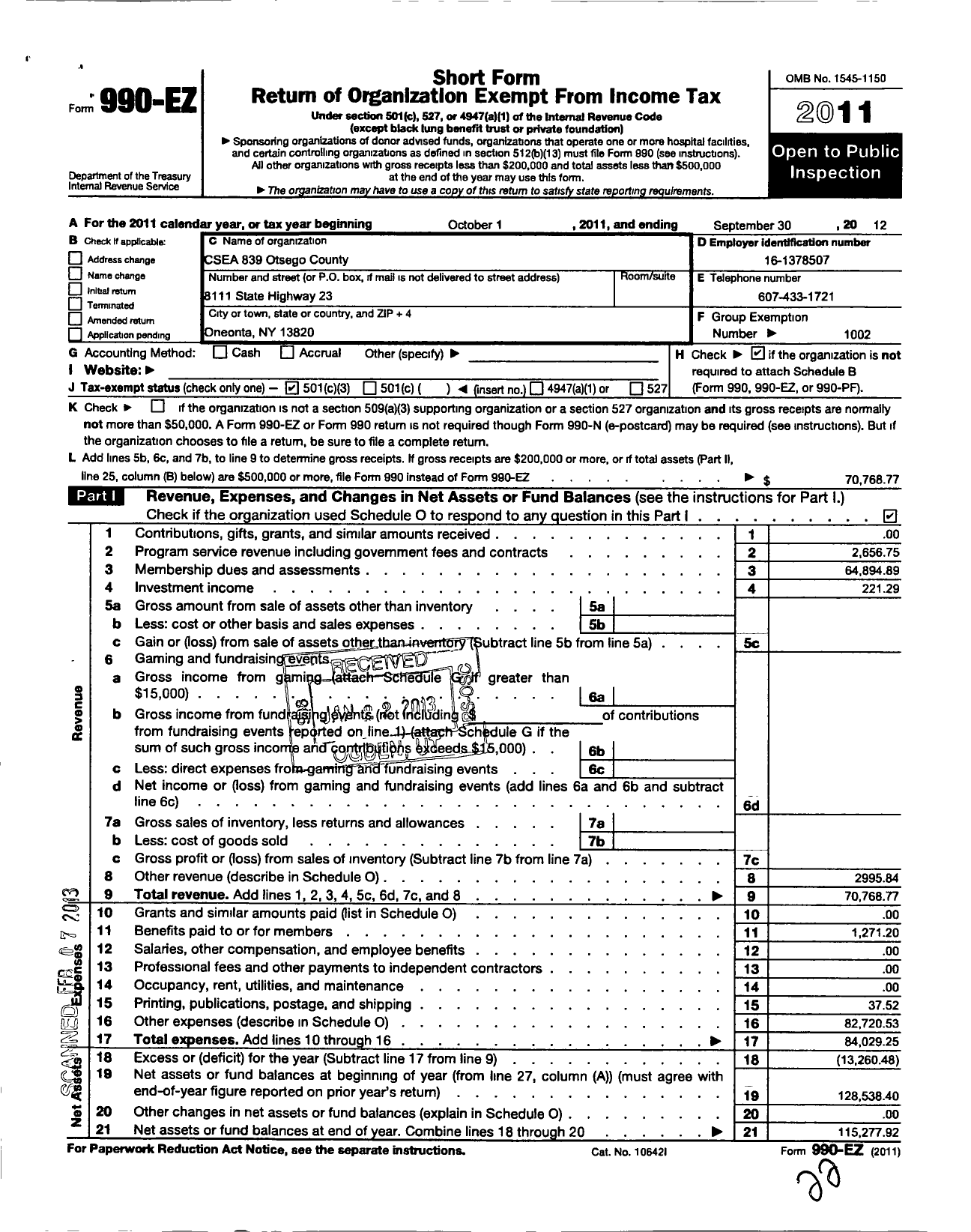 Image of first page of 2011 Form 990EZ for Civil Service Employees Association - 0839 Otsego County