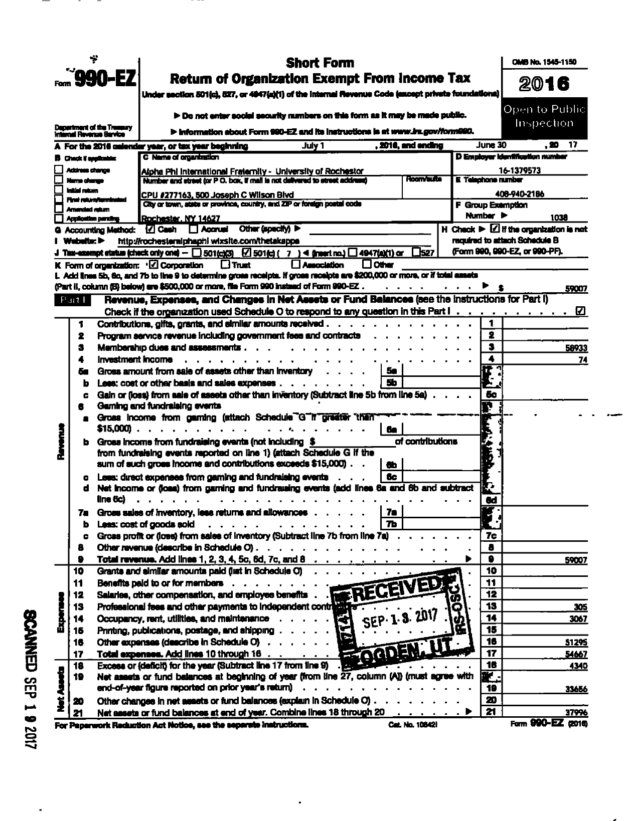 Image of first page of 2016 Form 990EO for Alpha Phi - University of Rochester