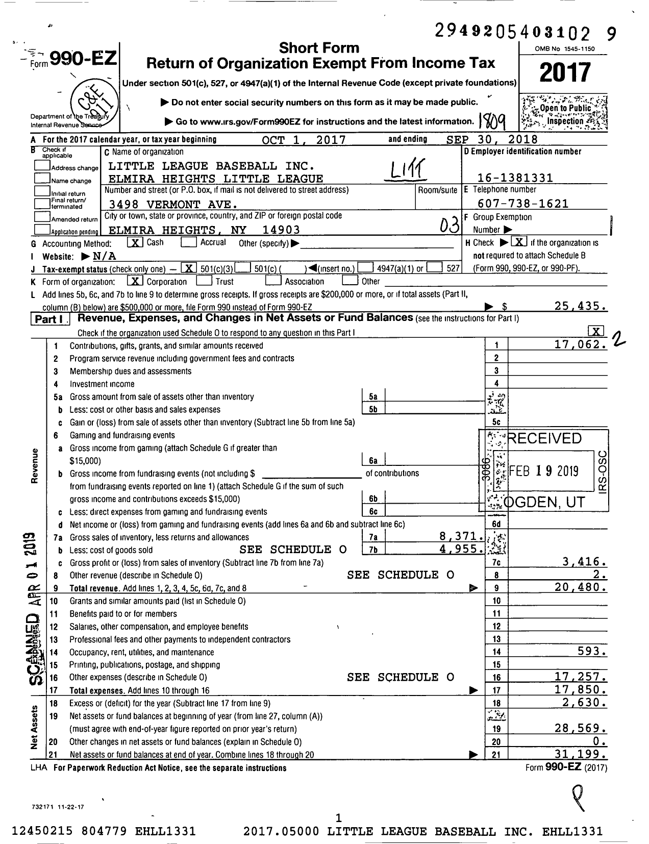 Image of first page of 2017 Form 990EZ for Little League Baseball - 2320607 Elmira Heights LL