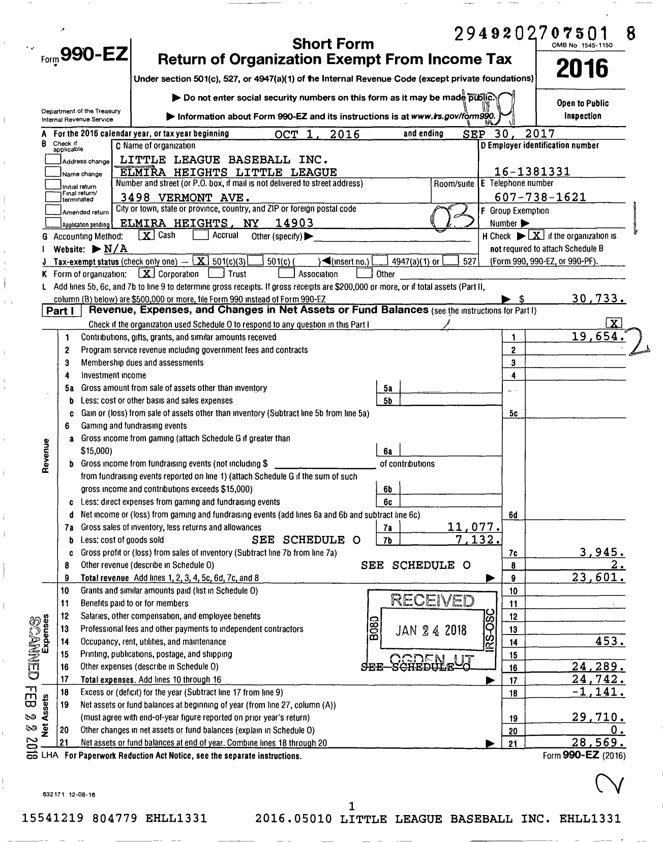Image of first page of 2016 Form 990EZ for Little League Baseball - 2320607 Elmira Heights LL