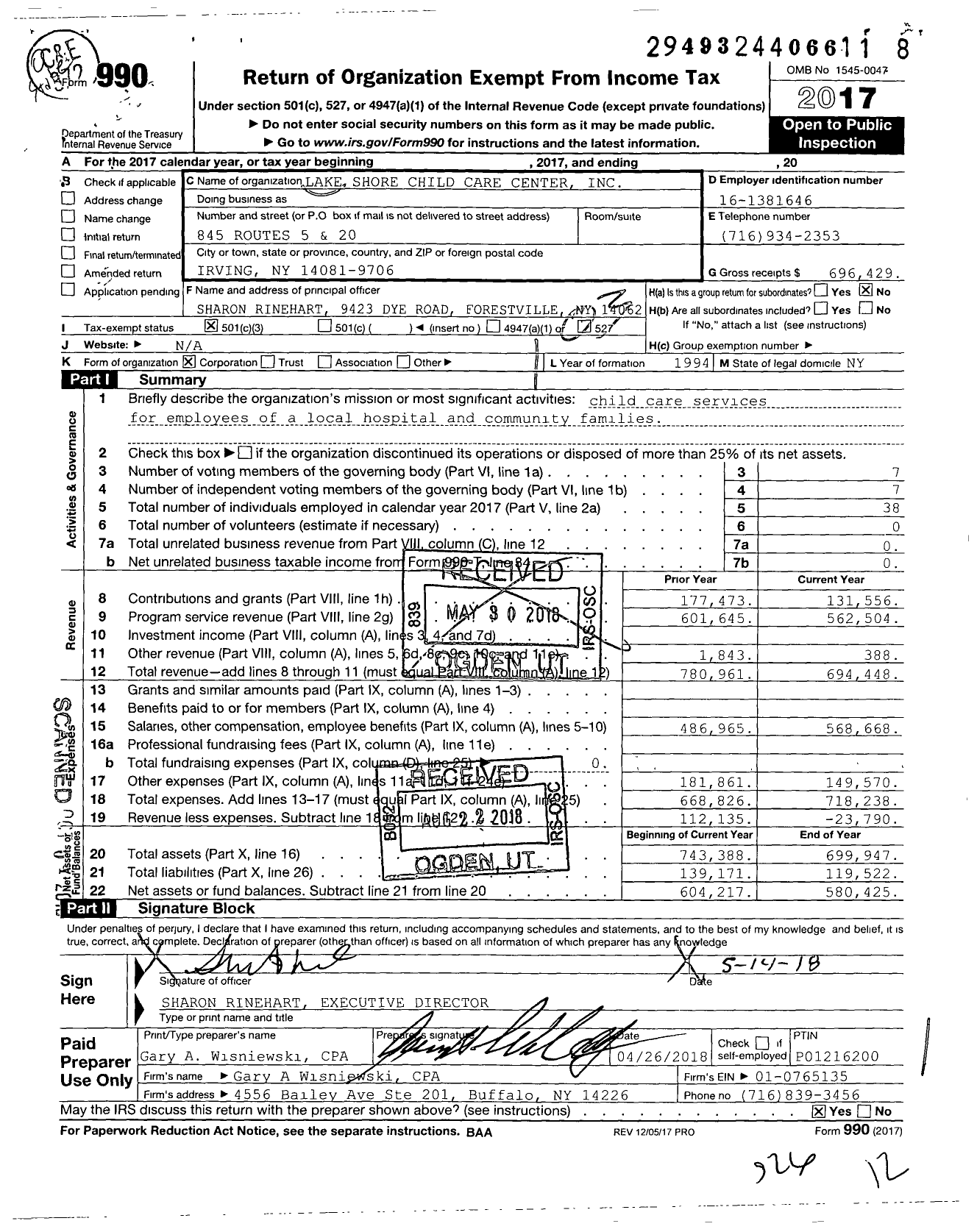 Image of first page of 2017 Form 990 for Lake Shore Child Care Center