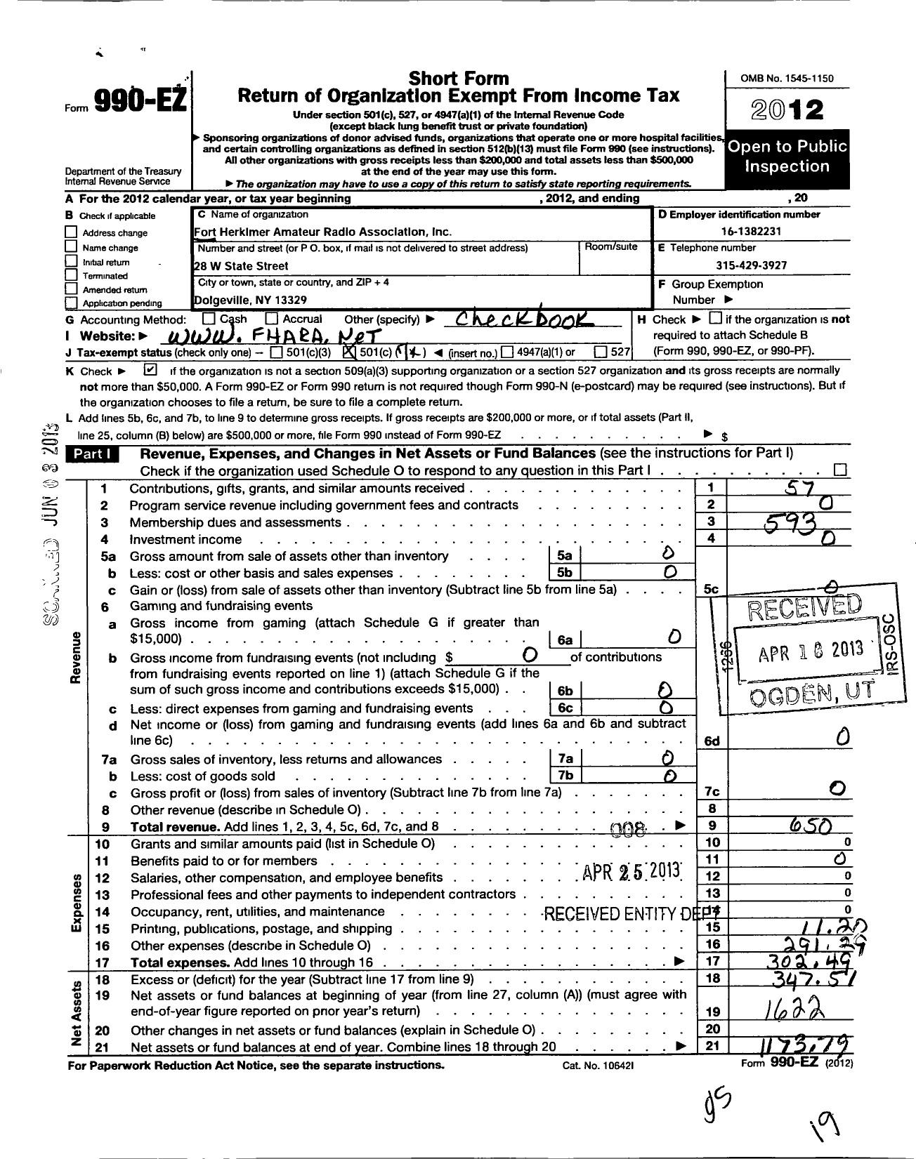 Image of first page of 2012 Form 990EO for Fort Herkimer Amateur Radio Association