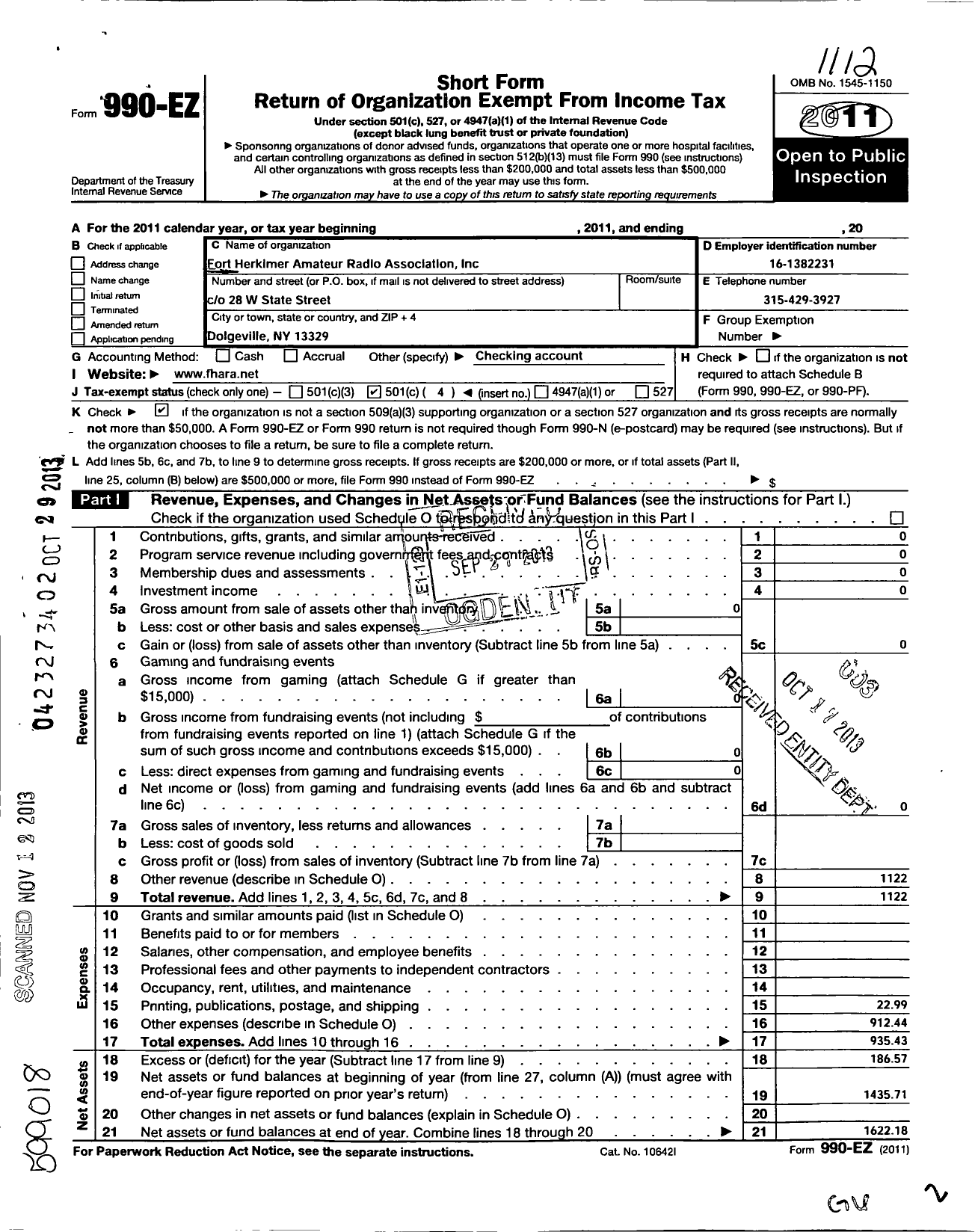 Image of first page of 2011 Form 990EO for Fort Herkimer Amateur Radio Association