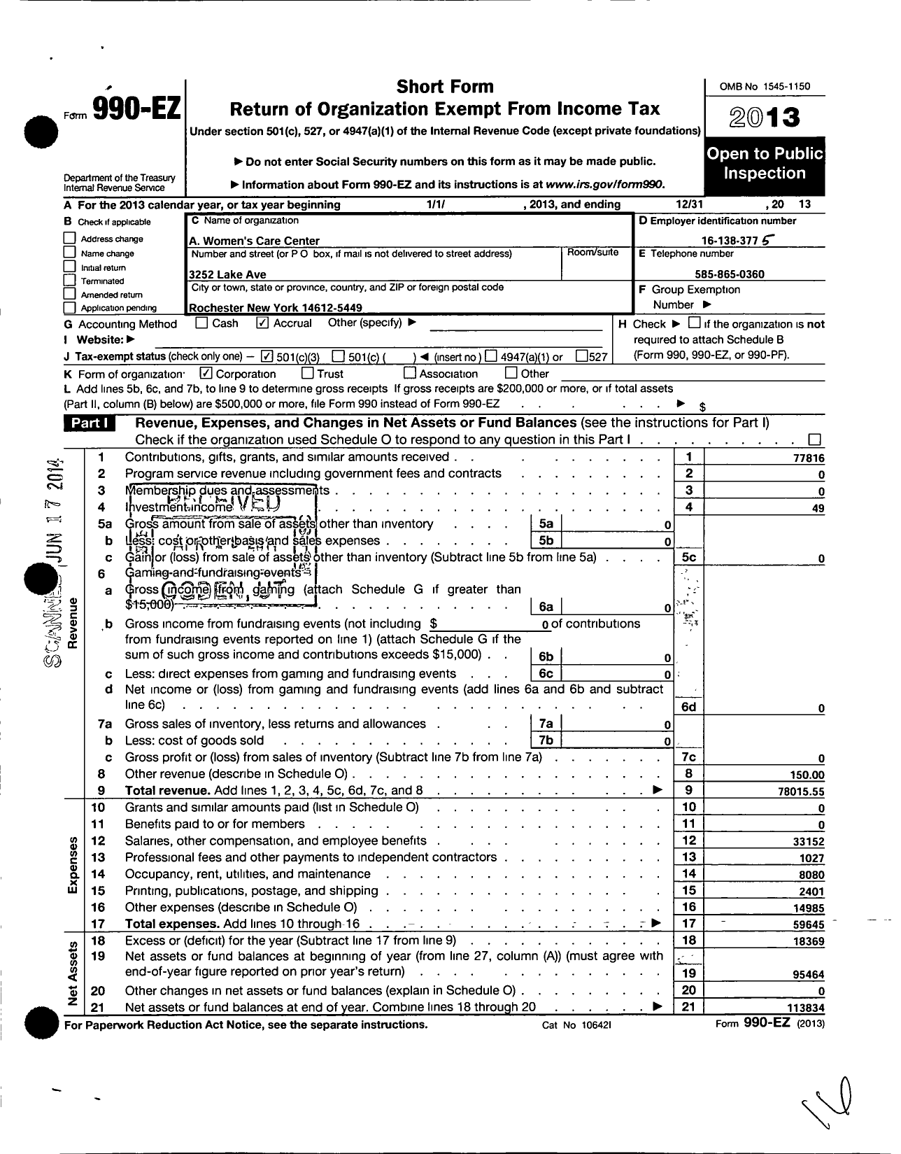 Image of first page of 2013 Form 990EZ for A Womens Care Center