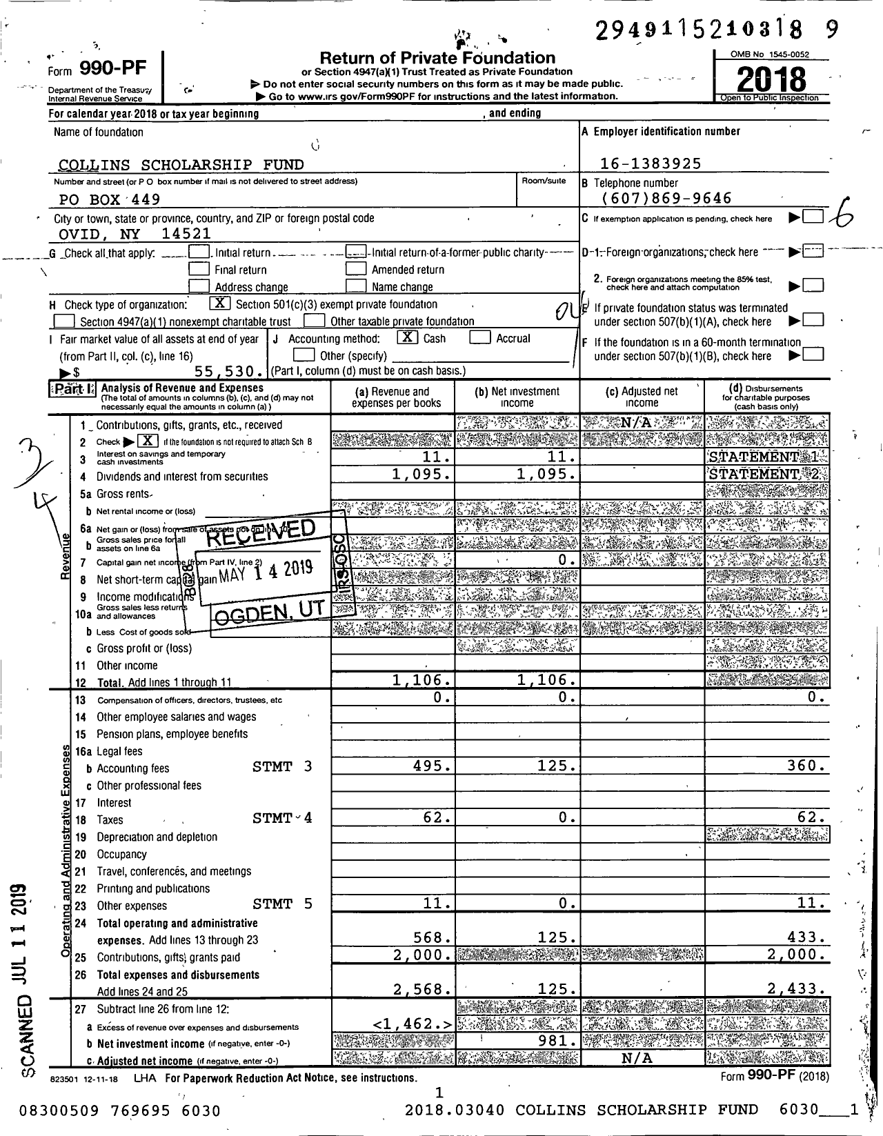 Image of first page of 2018 Form 990PF for Collins Scholarship Fund