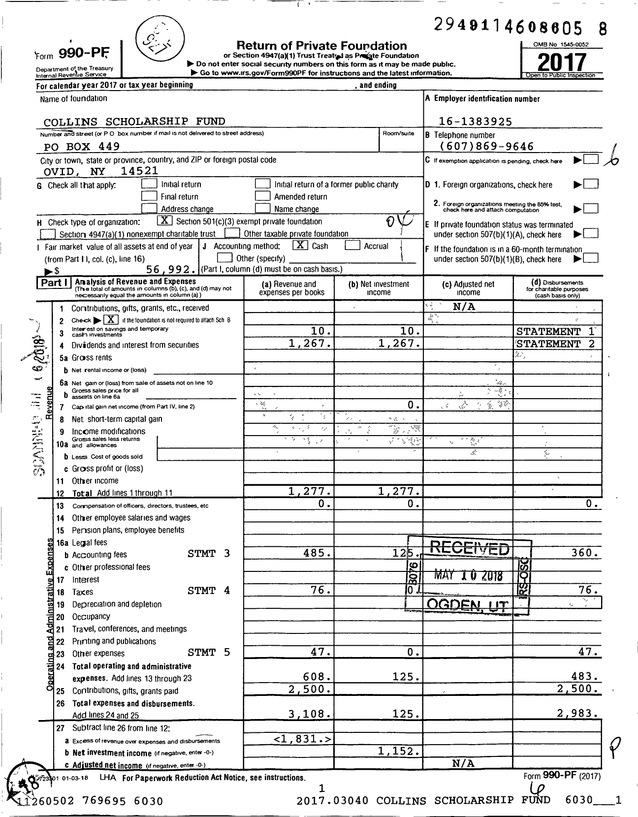 Image of first page of 2017 Form 990PF for Collins Scholarship Fund