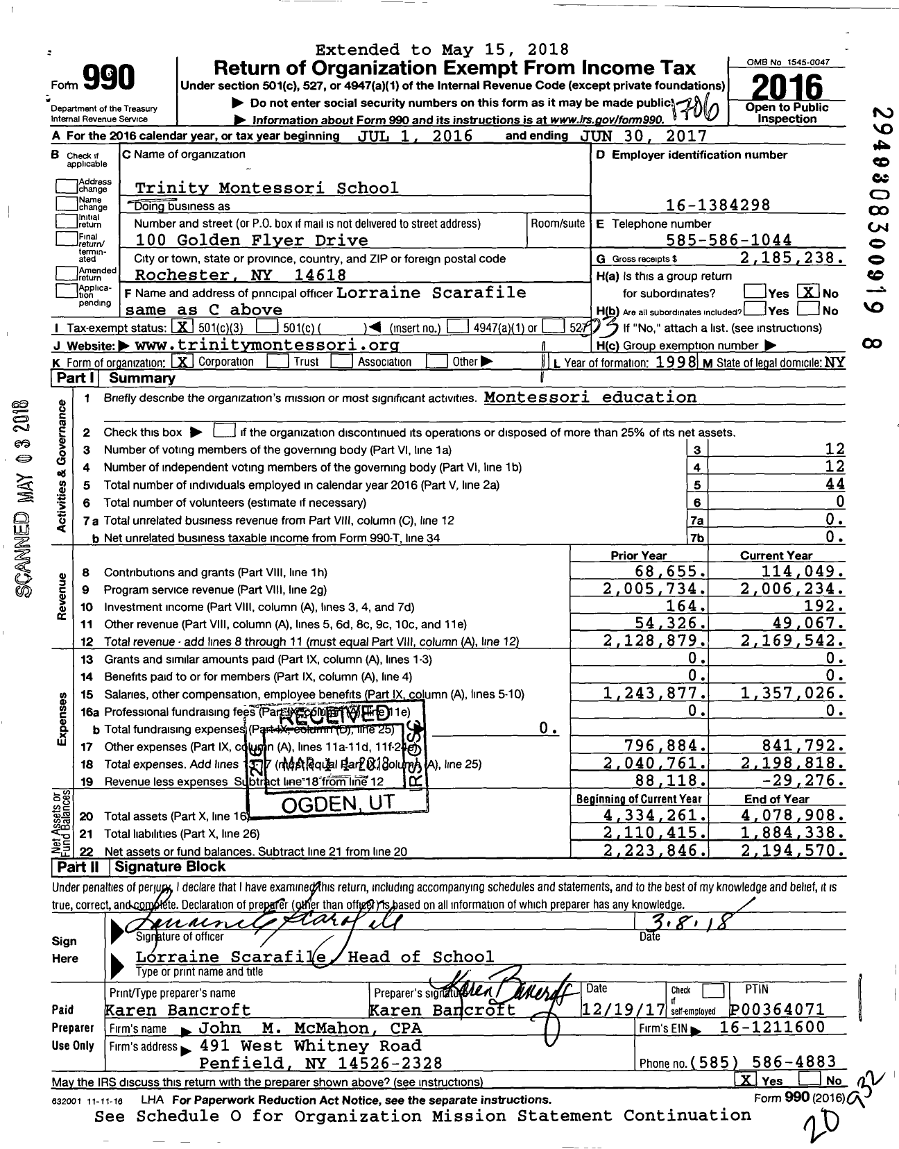 Image of first page of 2016 Form 990 for Trinity Montessori School