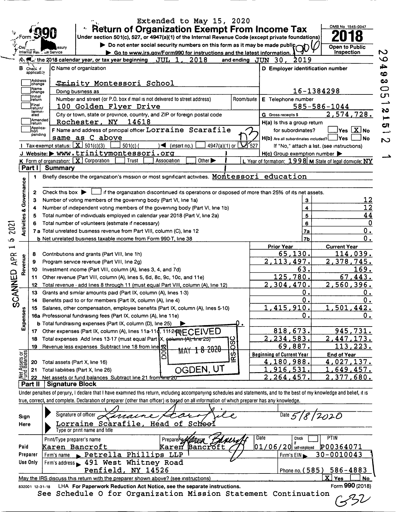 Image of first page of 2018 Form 990 for Trinity Montessori School