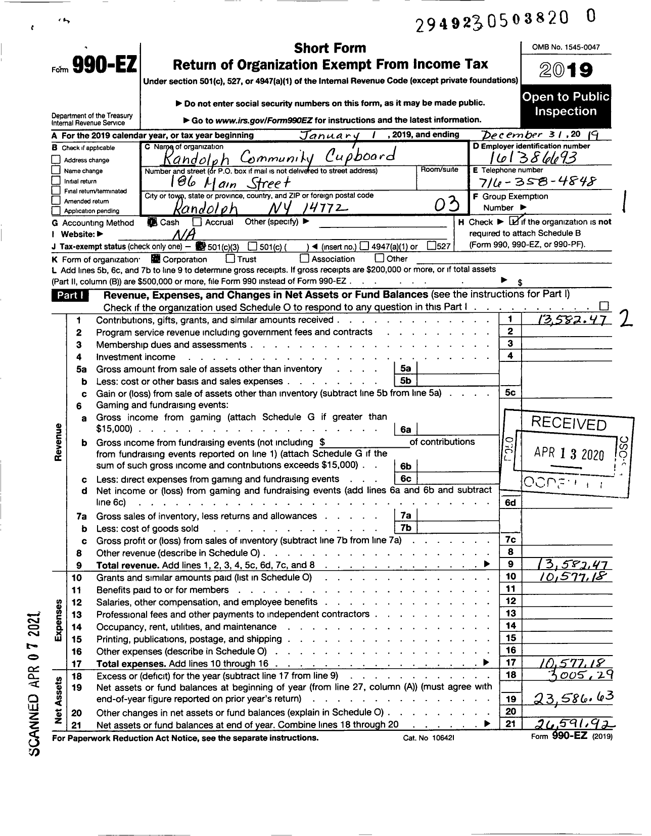 Image of first page of 2019 Form 990EZ for Randolph Community Cupboard