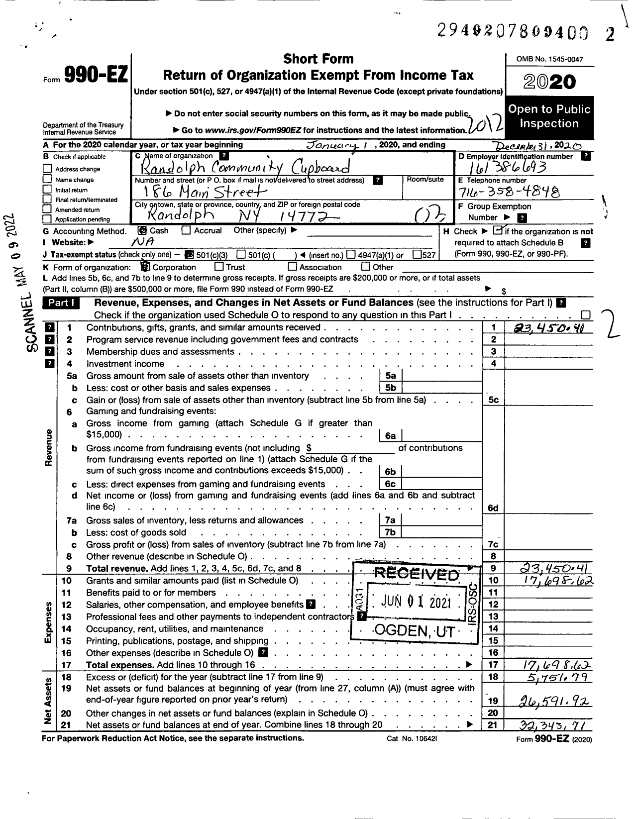 Image of first page of 2020 Form 990EZ for Randolph Community Cupboard