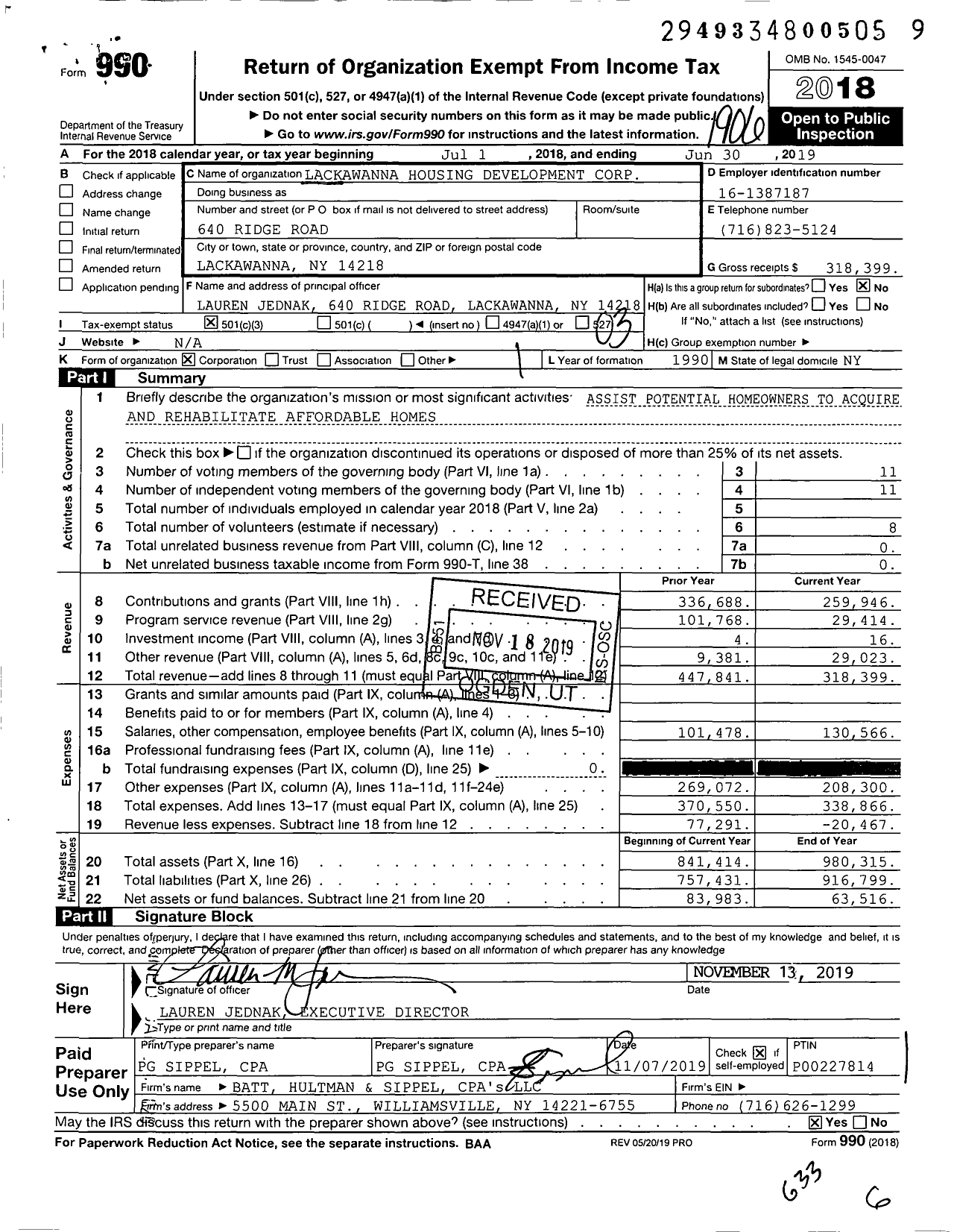 Image of first page of 2018 Form 990 for Lackawanna Housing Development Corporation