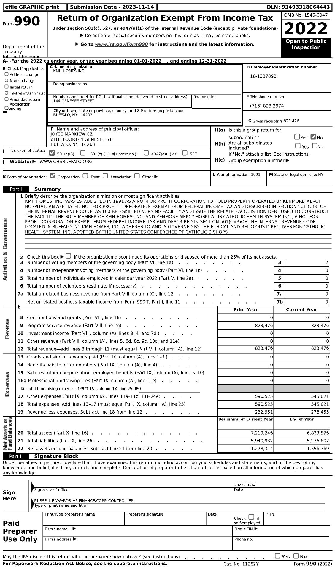 Image of first page of 2022 Form 990 for KMH Homes