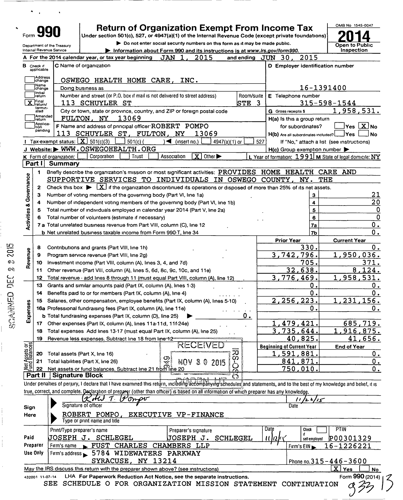 Image of first page of 2014 Form 990 for Oswego Health Home Care