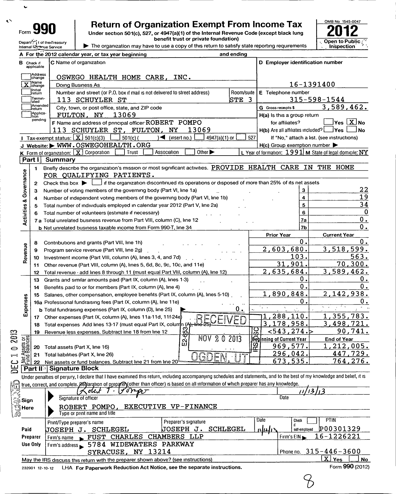 Image of first page of 2012 Form 990 for Oswego Health Home Care