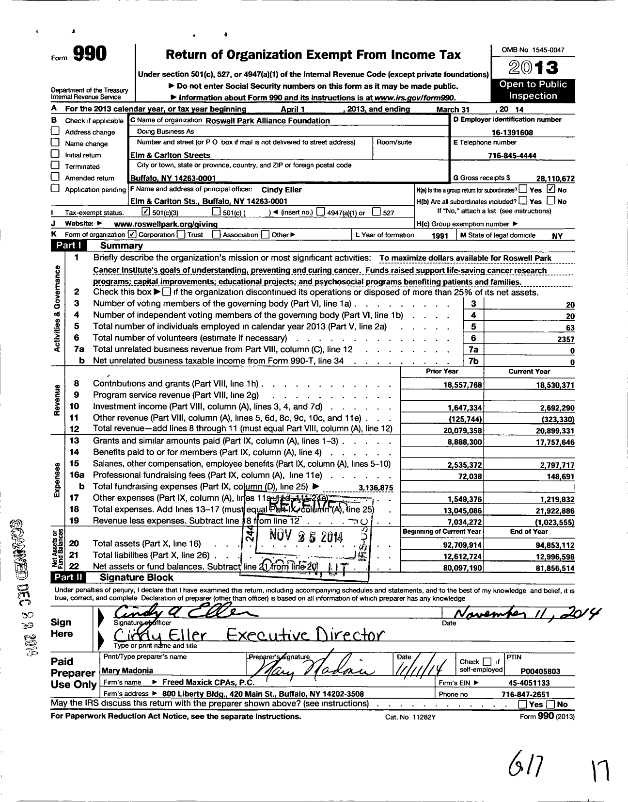 Image of first page of 2013 Form 990 for Roswell Park Alliance Foundation