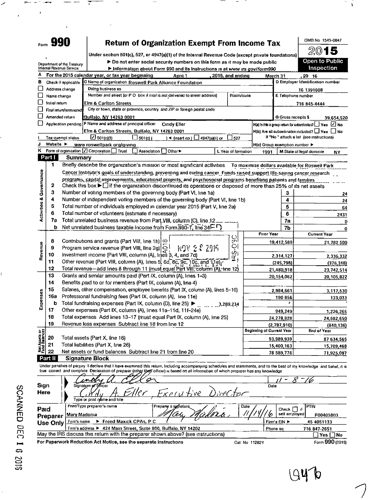 Image of first page of 2015 Form 990 for Roswell Park Alliance Foundation