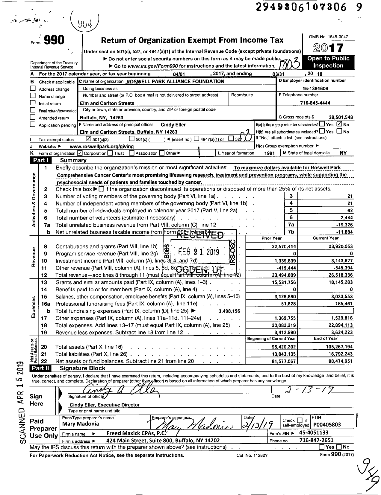 Image of first page of 2017 Form 990 for Roswell Park Alliance Foundation
