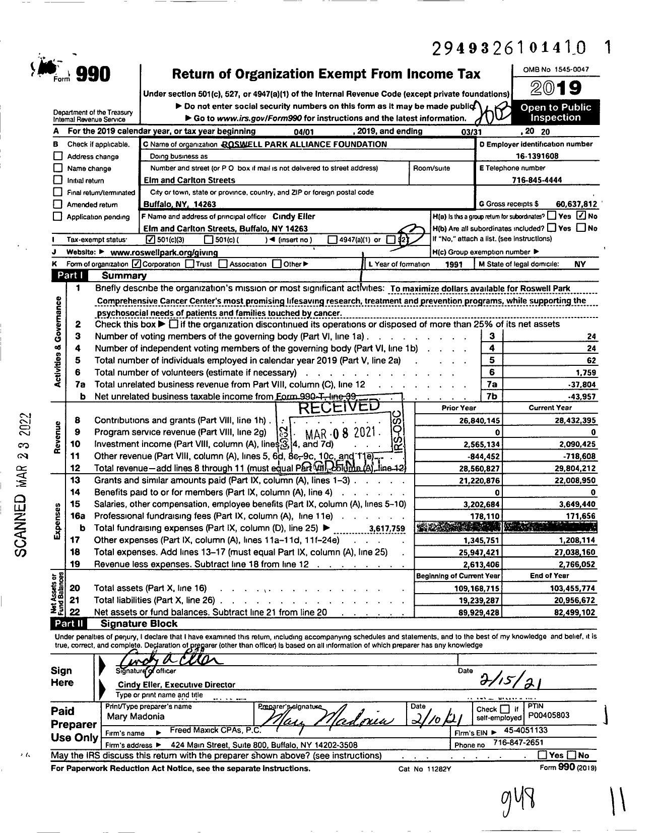 Image of first page of 2019 Form 990 for Roswell Park Alliance Foundation