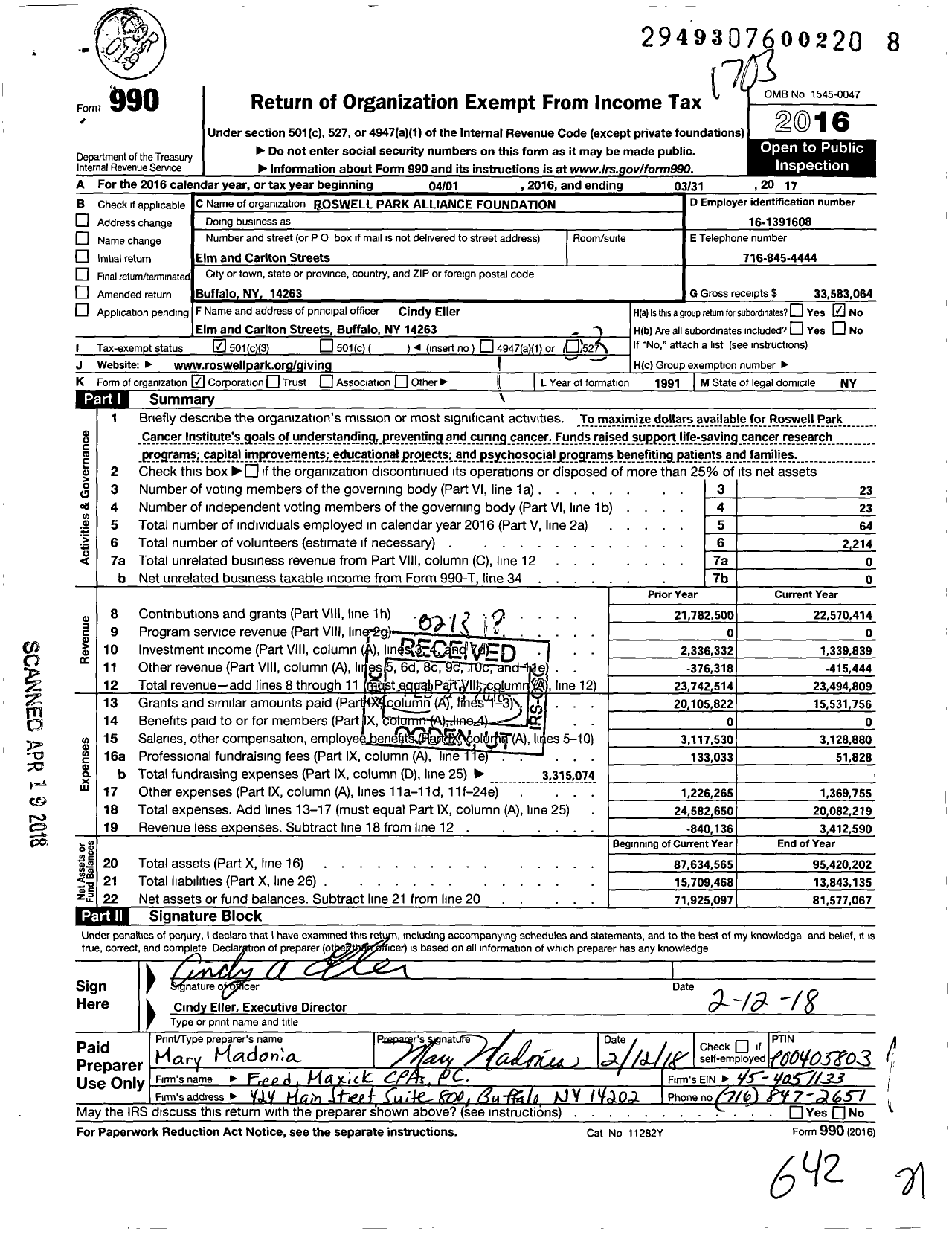 Image of first page of 2016 Form 990 for Roswell Park Alliance Foundation