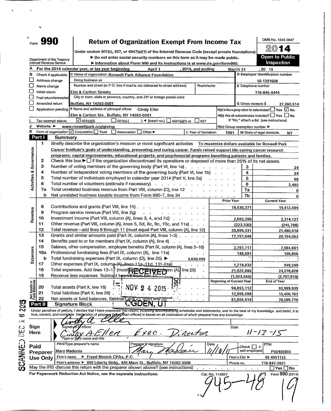Image of first page of 2014 Form 990 for Roswell Park Alliance Foundation