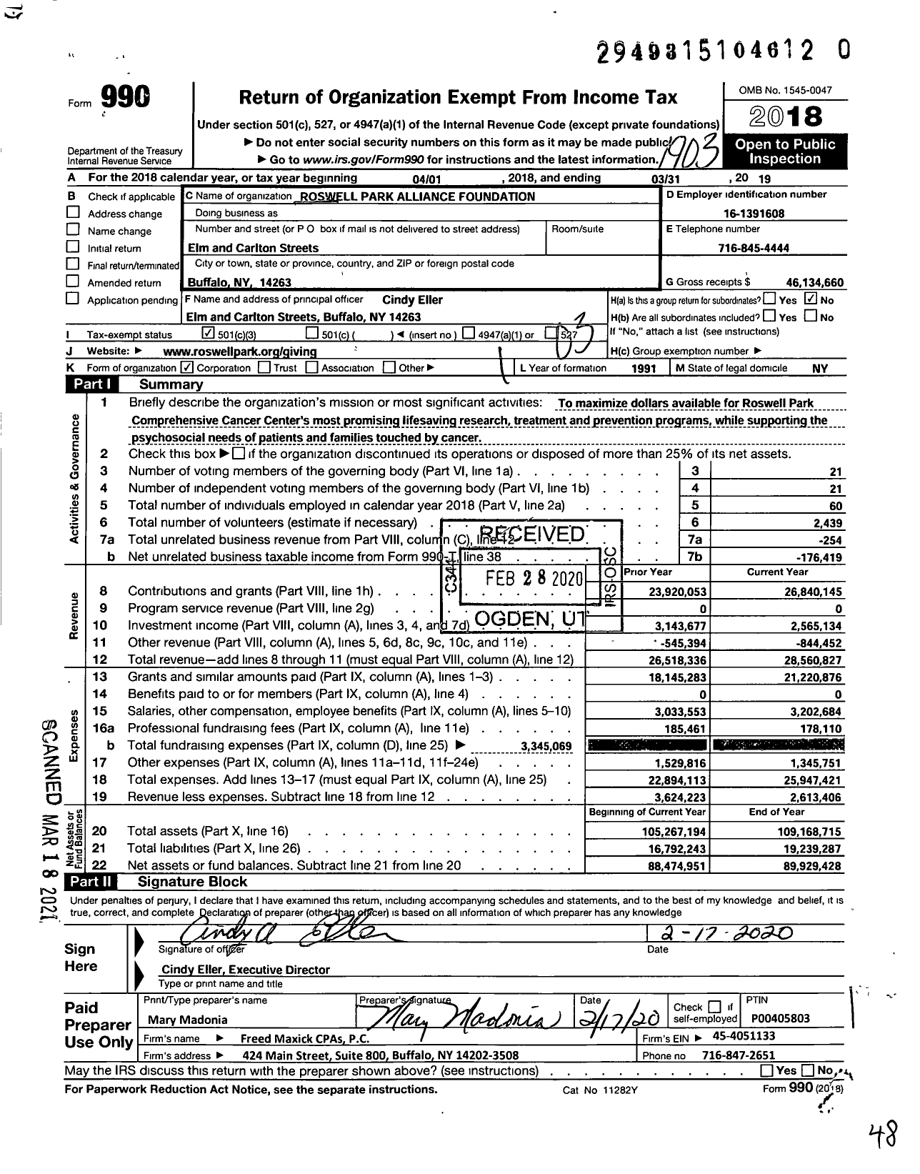 Image of first page of 2018 Form 990 for Roswell Park Alliance Foundation