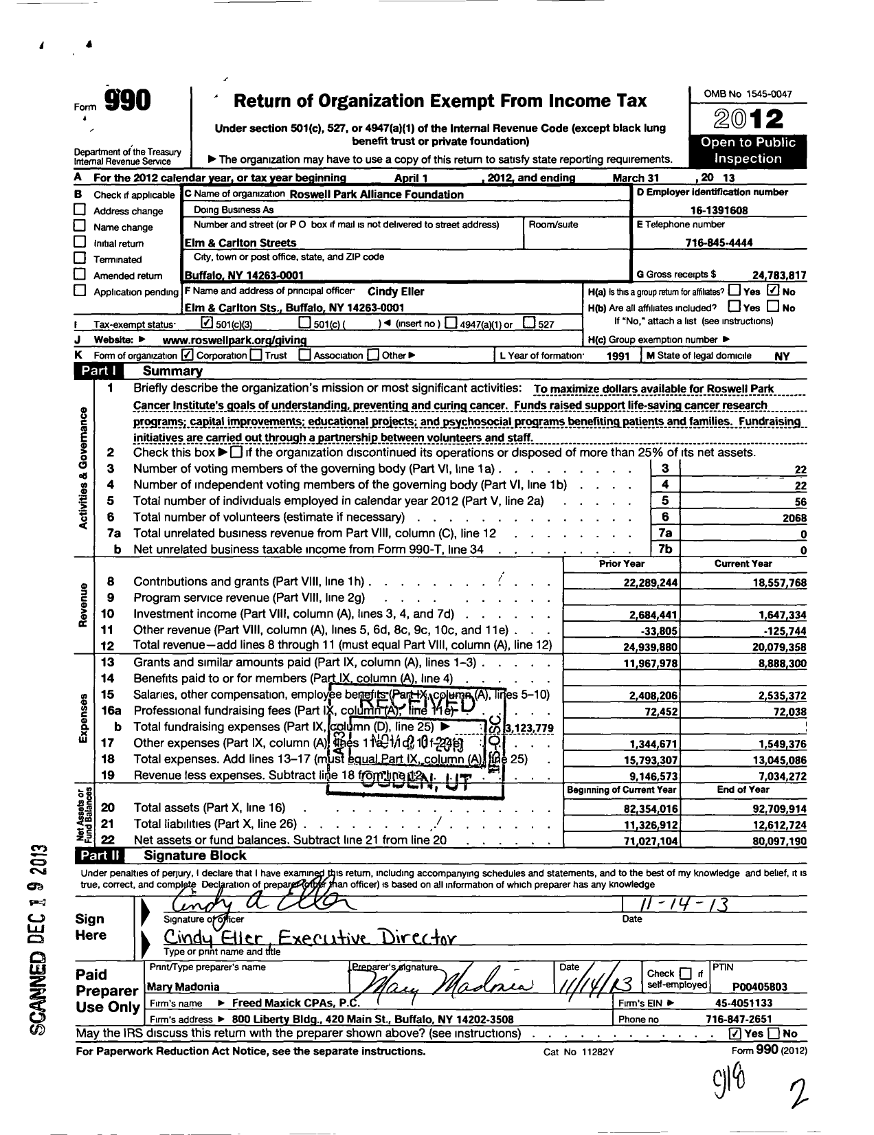 Image of first page of 2012 Form 990 for Roswell Park Alliance Foundation