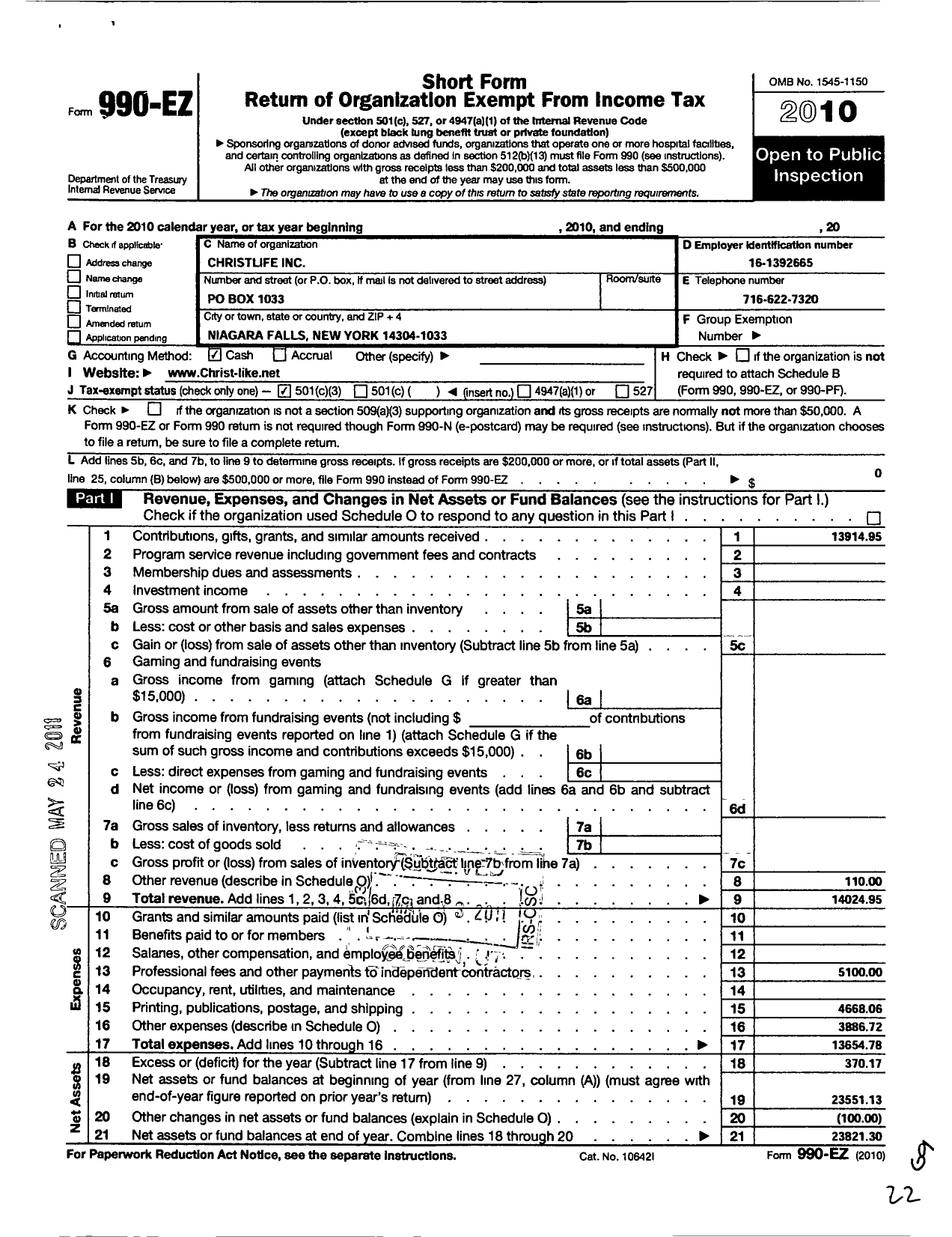 Image of first page of 2010 Form 990EZ for Christlife