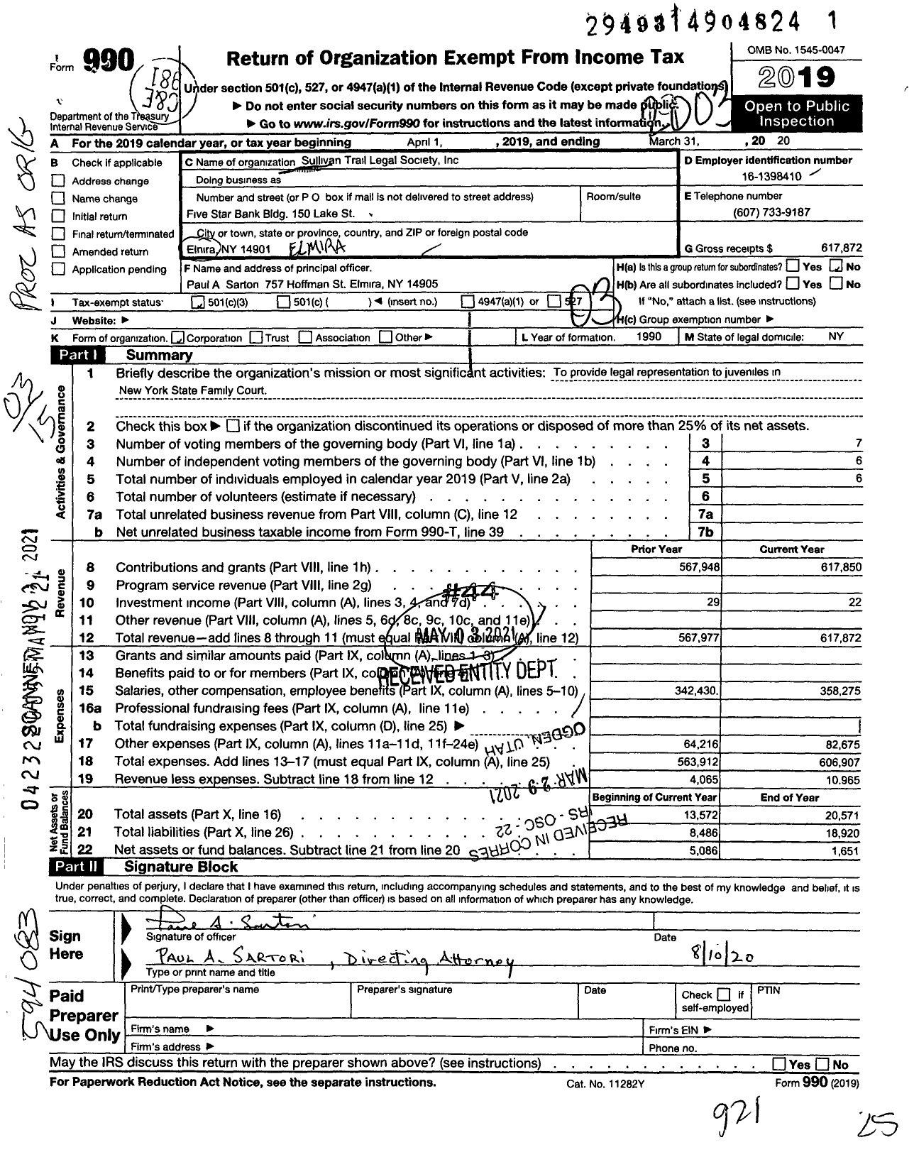 Image of first page of 2019 Form 990 for Sullivan Trail Legal Society