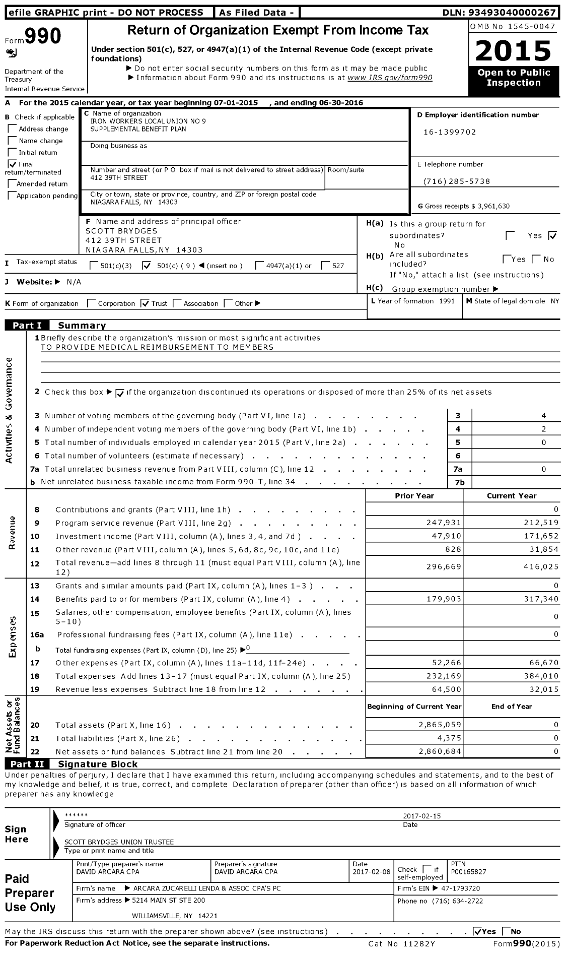 Image of first page of 2015 Form 990O for Iron Workers Local Union No 9 Supplemental Benefit Plan