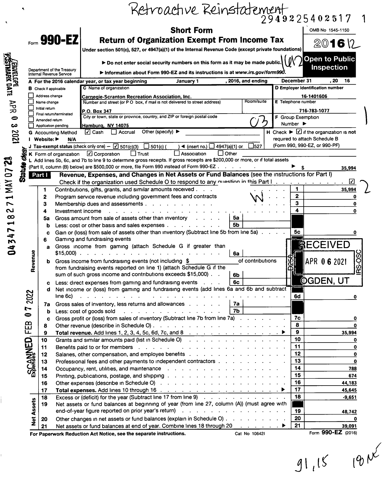 Image of first page of 2016 Form 990EZ for Carnegie-Scranton Recreation Association