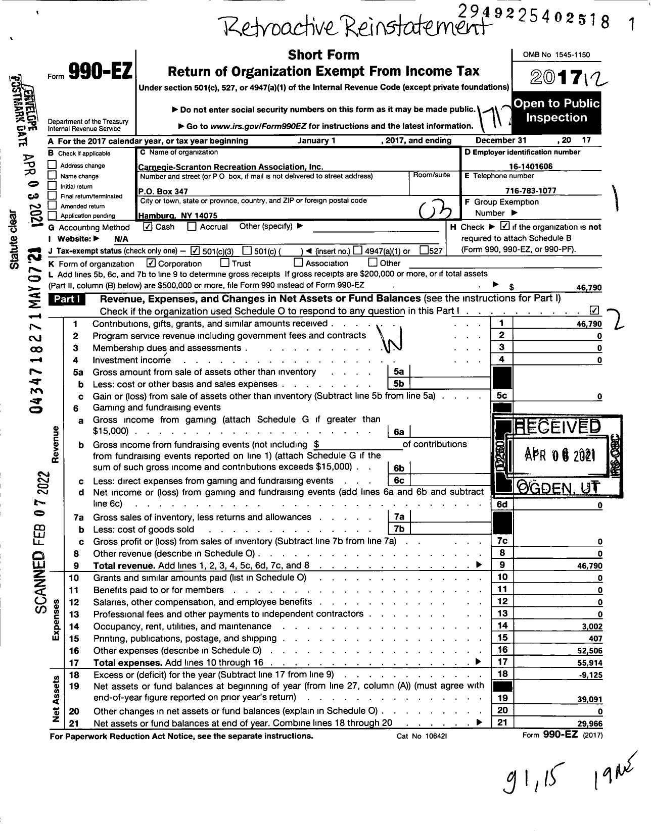 Image of first page of 2017 Form 990EZ for Carnegie-Scranton Recreation Association