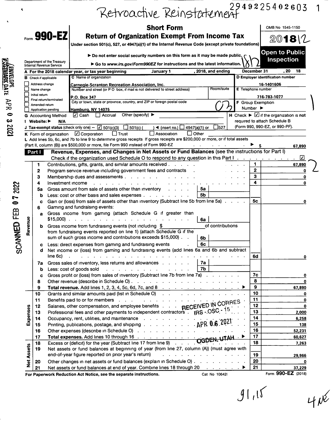 Image of first page of 2018 Form 990EZ for Carnegie-Scranton Recreation Association