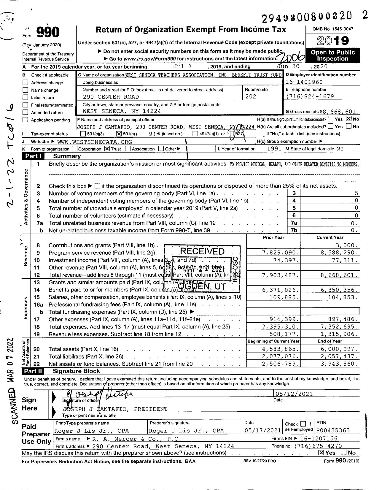 Image of first page of 2019 Form 990O for West Seneca Teachers Association Benefit Trust Fund