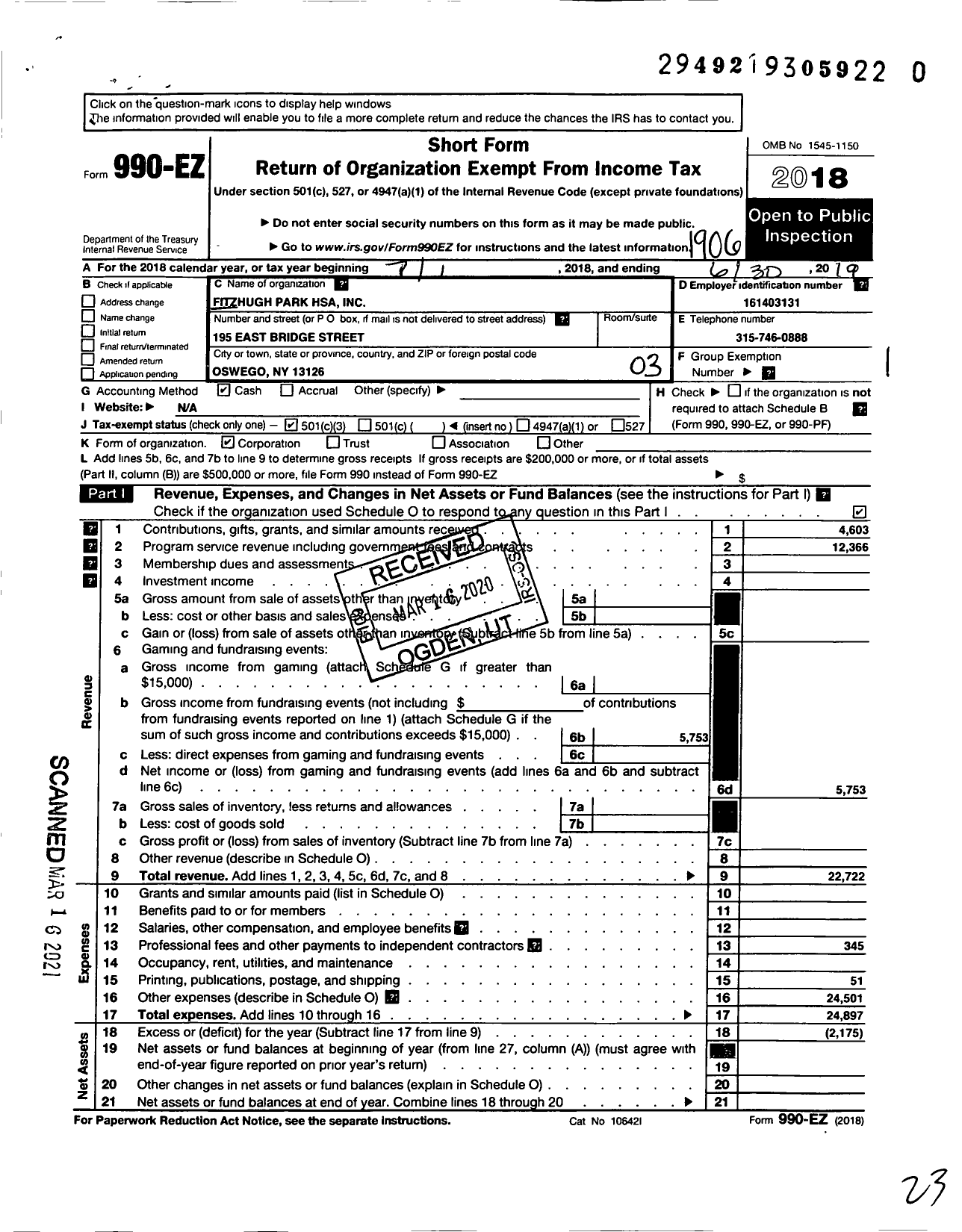 Image of first page of 2018 Form 990EZ for Fitzhugh Park Hsa