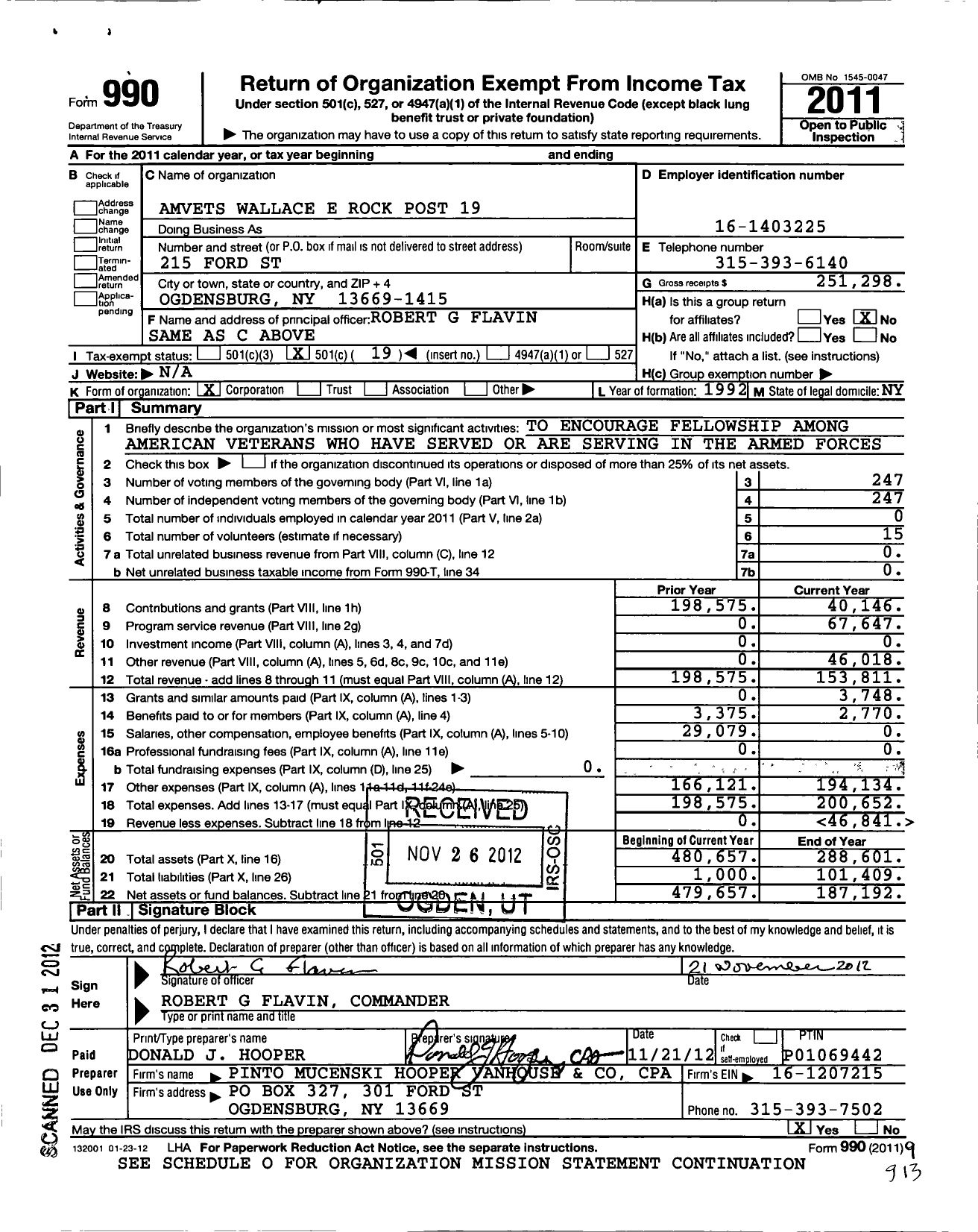 Image of first page of 2011 Form 990O for Amvets - Wallace E Rock Post 19