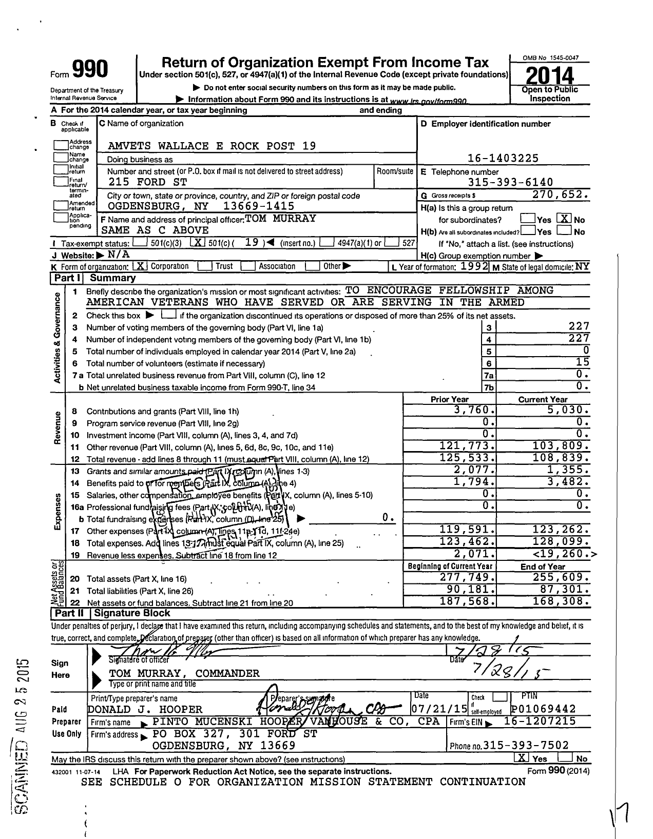 Image of first page of 2014 Form 990O for Amvets - Wallace E Rock Post 19