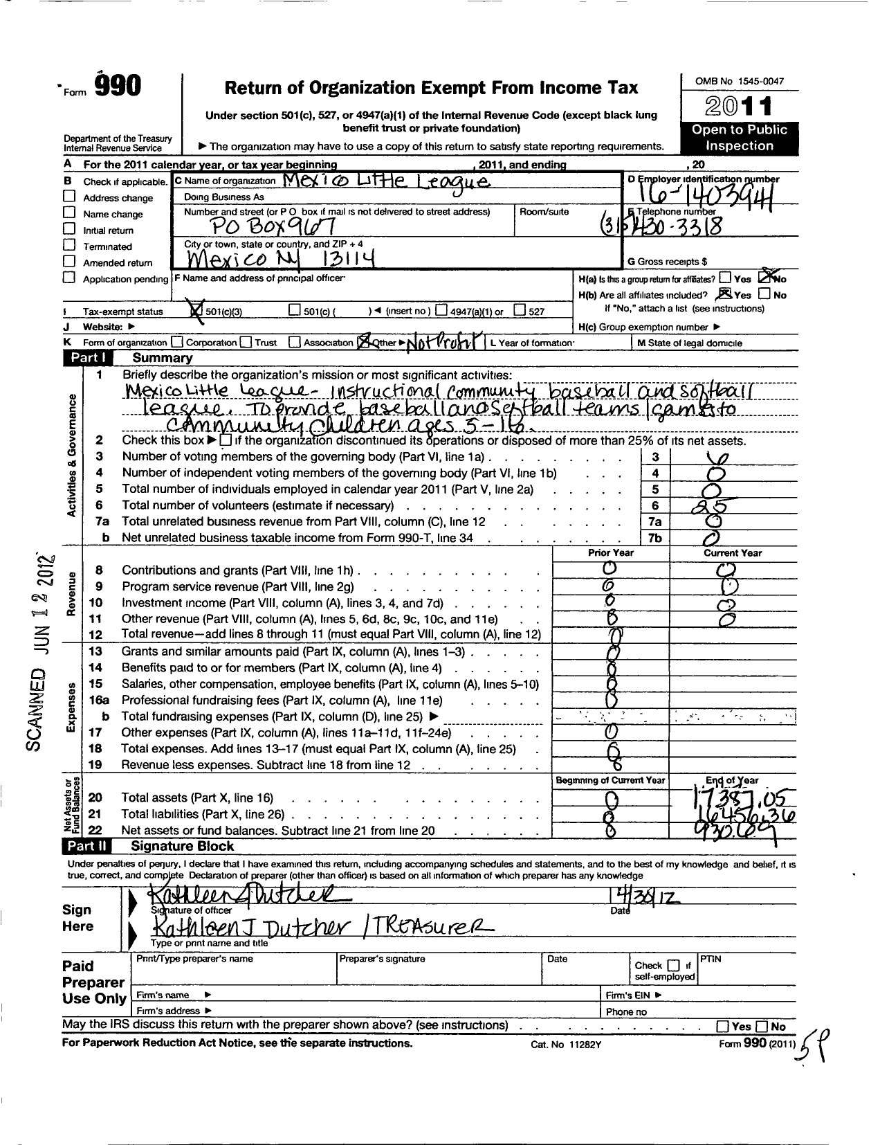 Image of first page of 2011 Form 990 for Mexico Little League