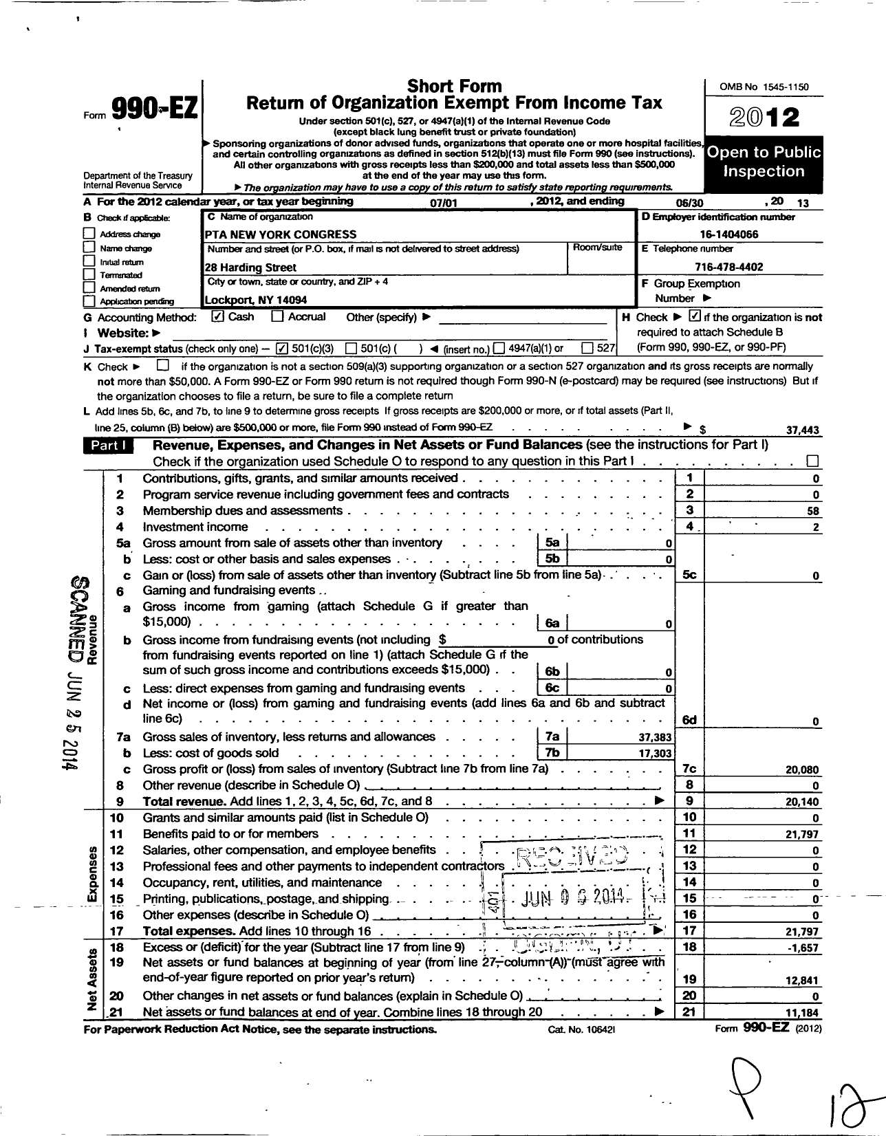 Image of first page of 2012 Form 990EZ for New York State PTA - 11-056 Charles A Upson PTA