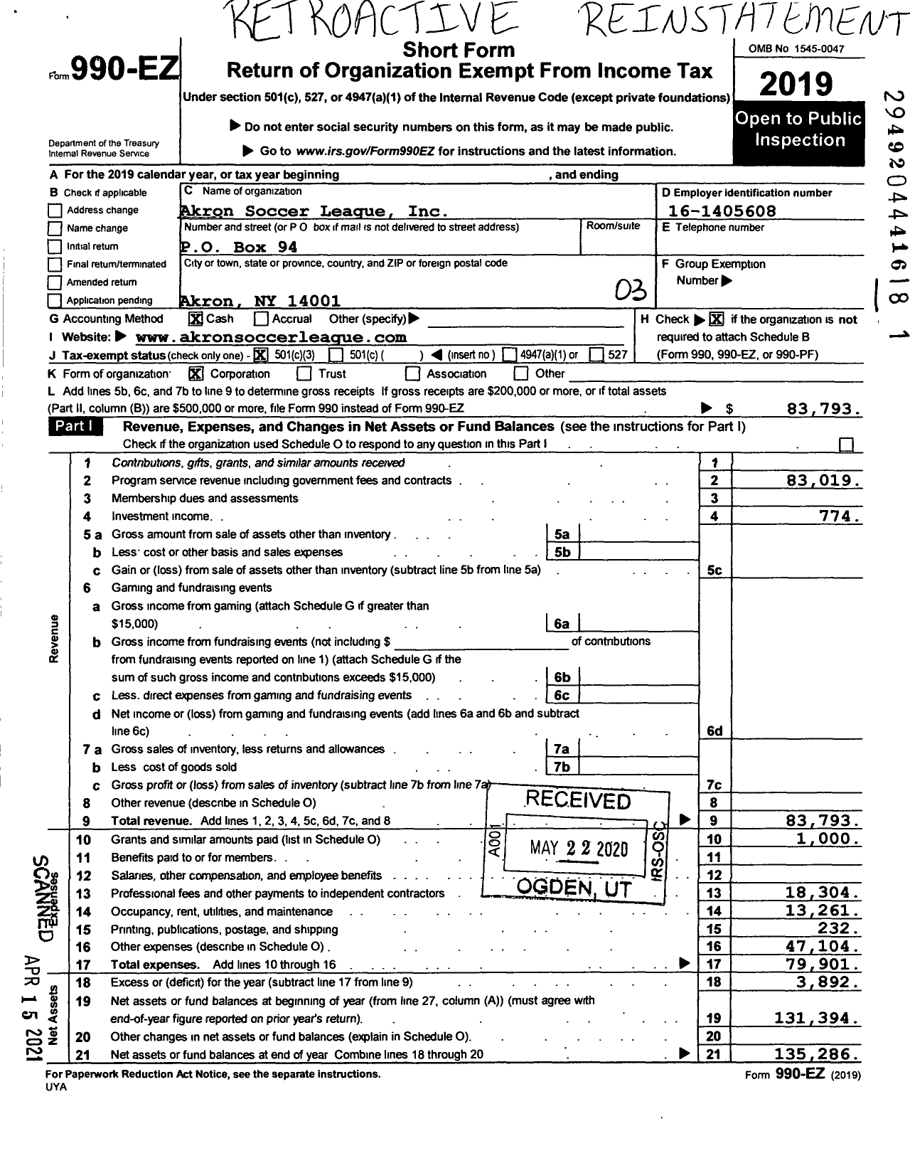 Image of first page of 2019 Form 990EZ for Akron Soccer League